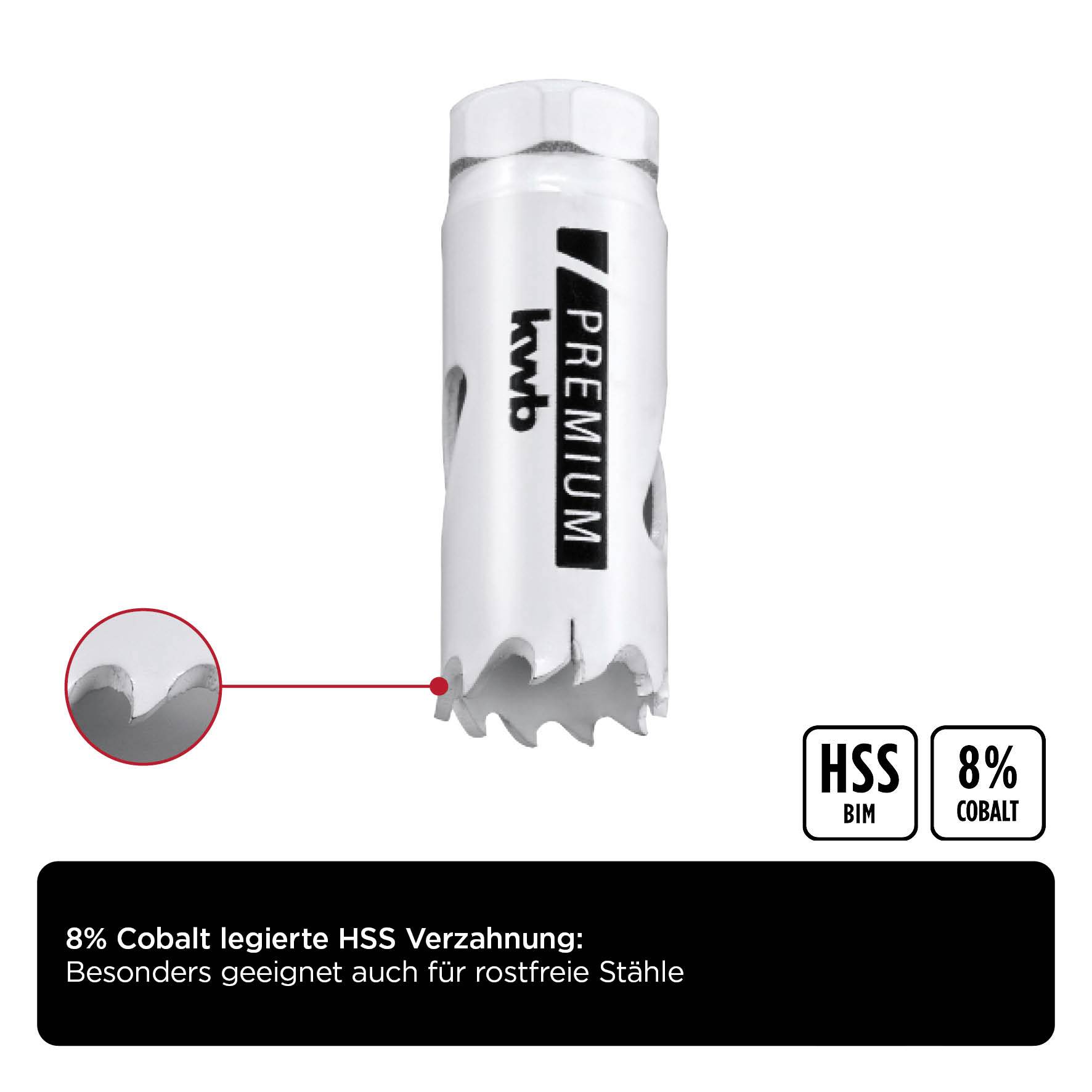 Metal saw with 'kwb' logo. Text: '8% Cobalt alloyed HSS teeth: Particularly suitable for stainless steels as well'.