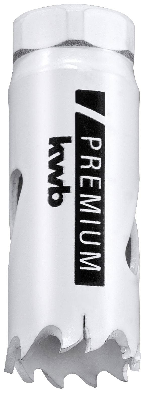 Drill bit with 'kwb Premium' inscription, white, with serrated edges at the bottom edge.