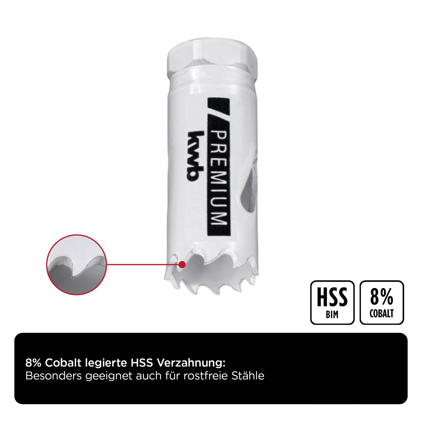 'Drill crown with 8% cobalt-alloyed HSS teeth, particularly suitable for stainless steels. Markings: HSS BIM, 8% Cobalt.'