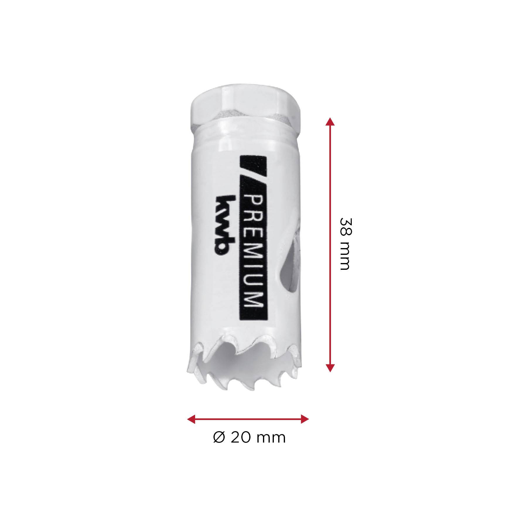 Hole saw with a diameter of 20 mm and a length of 38 mm, white, with 'Premium' and 'kwb' print.
