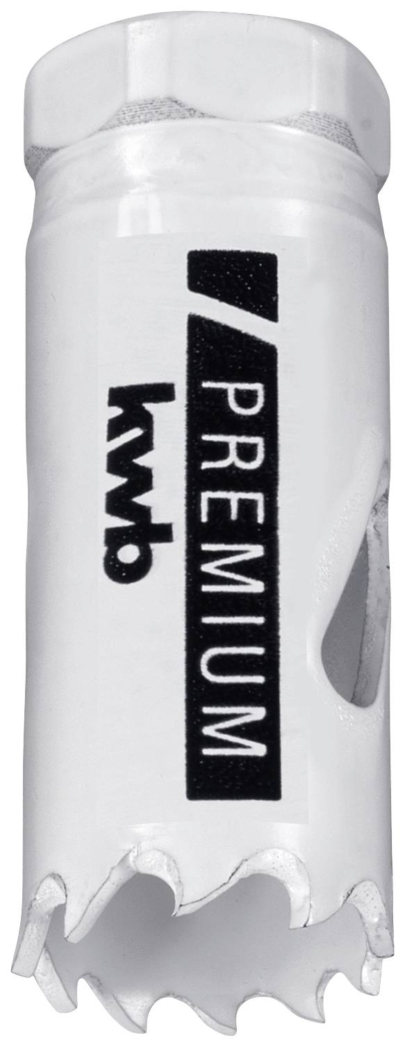 Circular saw blade with a cylindrical shape and serrated edge, white-painted, with 'kwb Premium' text on the side, suitable for cutting materials.
