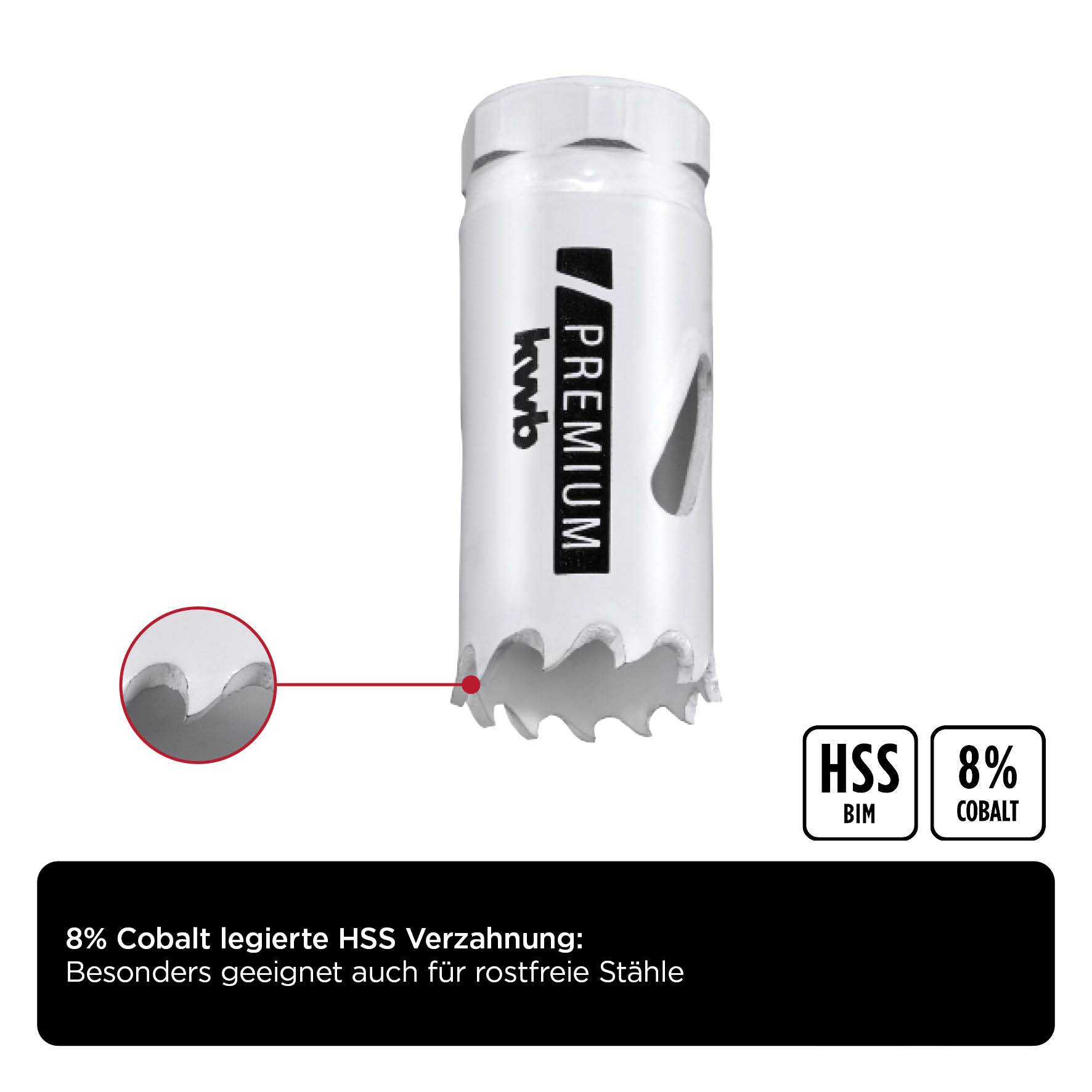 'Drill head with 8% cobalt-alloyed HSS teeth, ideal for stainless steel. Label: HSS BIM, 8% Cobalt.'