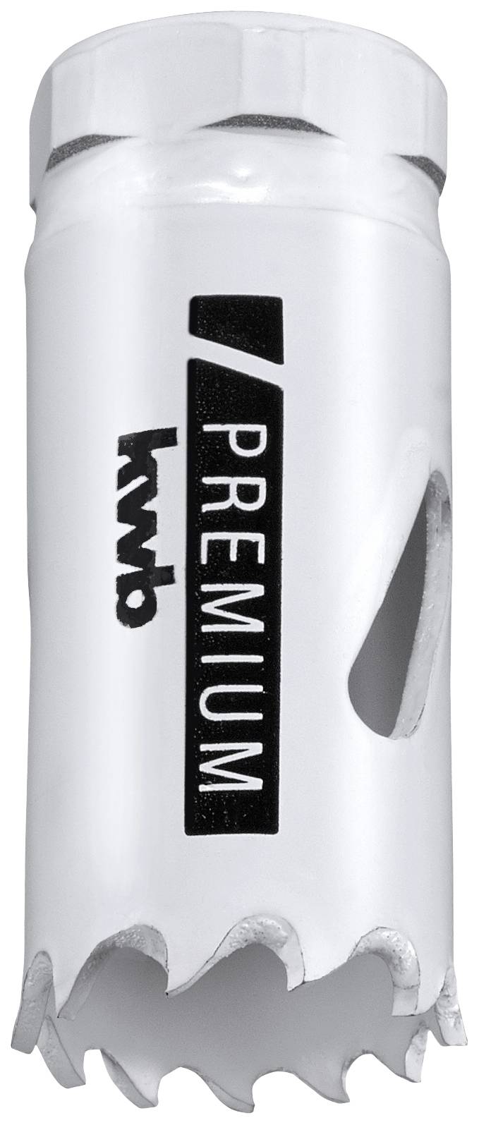 A white hole saw with serrated edges and the inscription 'kwb Premium'. Contains a side slot for chip evacuation.