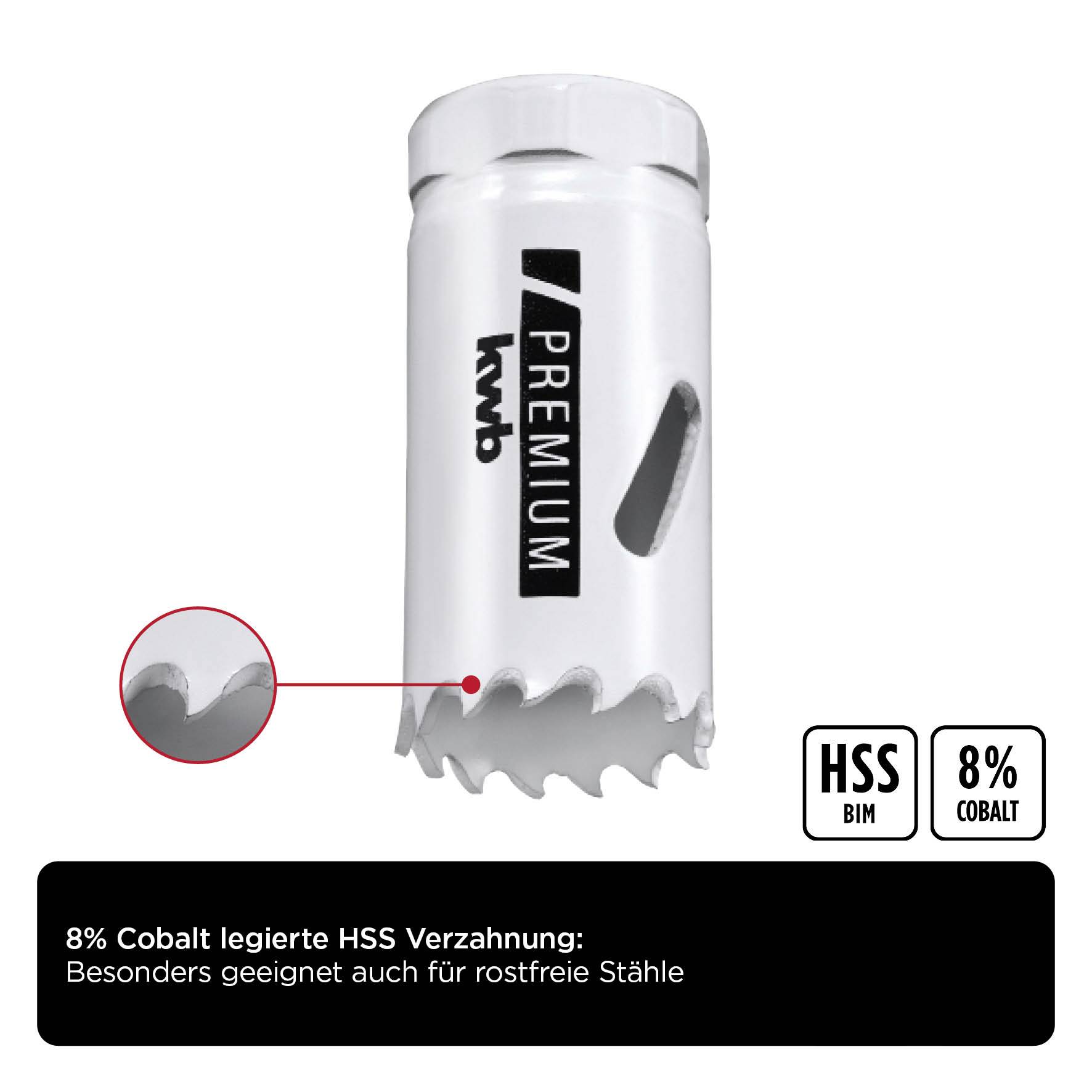 Saw crown with '8% cobalt-alloyed HSS teeth'. Suitable for stainless steels. Texture and HSS BIM 8% cobalt highlighted.