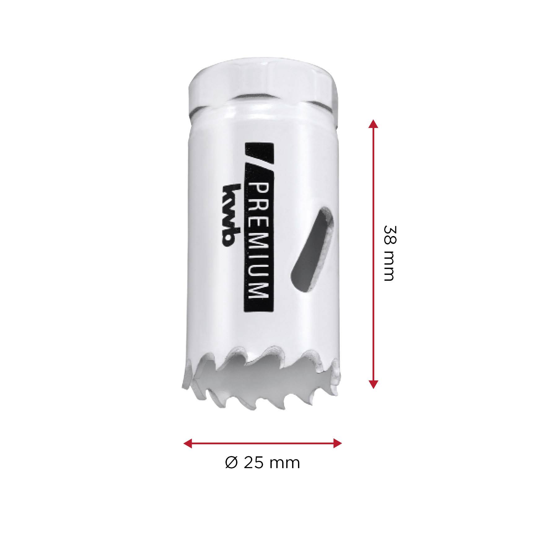 Drill crown 'KWB Premium', white, with side ventilation slots, diameter 25 mm, length 38 mm.