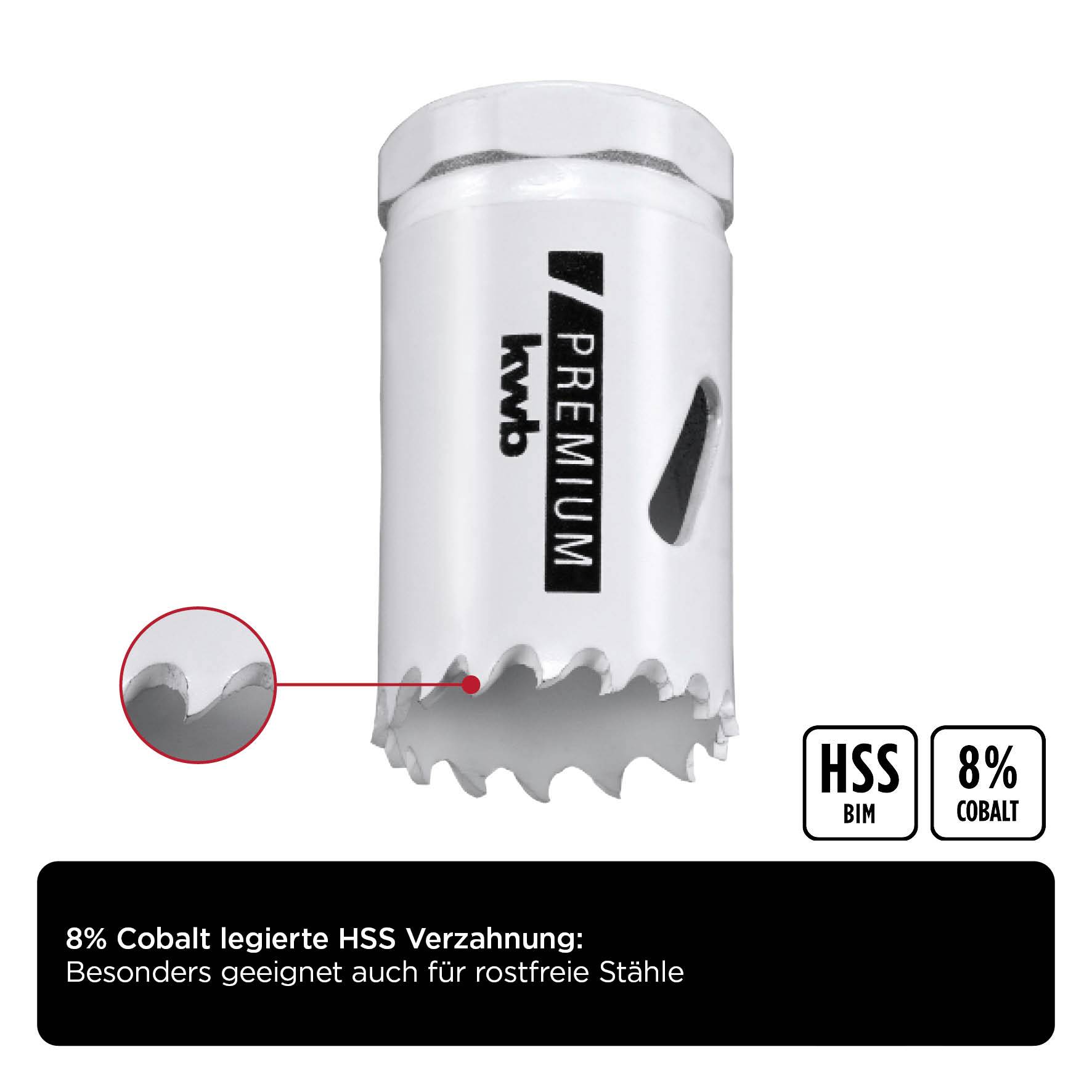 Hole saw with 8% cobalt-alloyed HSS teeth, suitable for stainless steel. Side view shows sharp teeth. Label: 'HSS 8% Cobalt'.