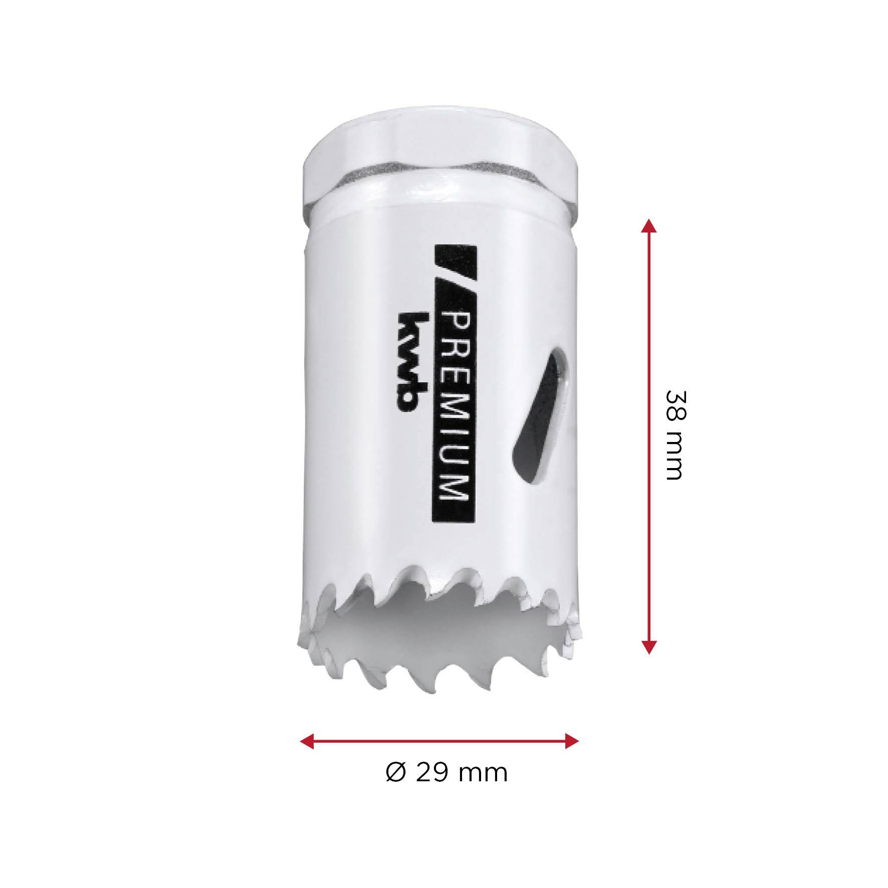A white hollow drill with the inscription 'Premium', 38 mm in height and 29 mm in diameter, is shown.