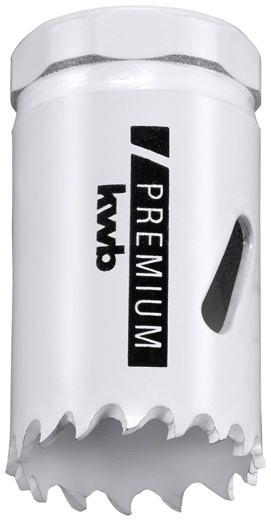 'Metal hole saw by KWB Premium, white colour, serrated cutting edge and black print with logo and text.'