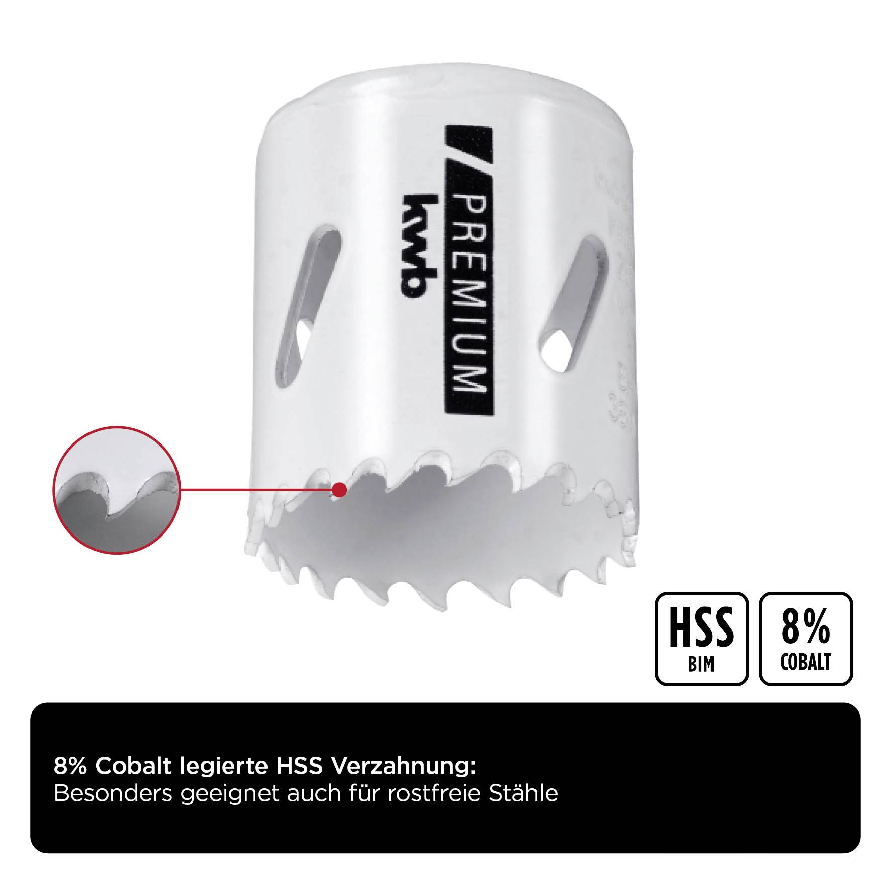 Hole saw with wavy serration, marked '8% Cobalt'. Suitable for stainless steels. Packaging text: 'HSS BIM 8% Cobalt'.