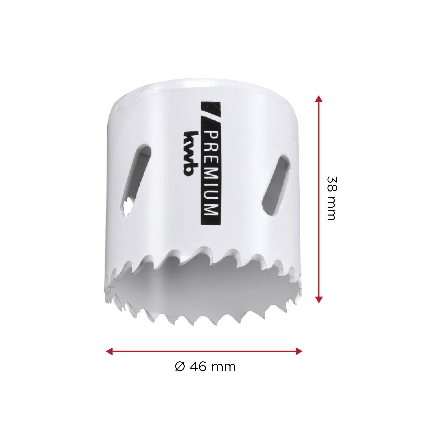 Metal hole saw with 'kwb Premium' logo, 46 mm diameter and 38 mm height, with two side openings and serrated edges.