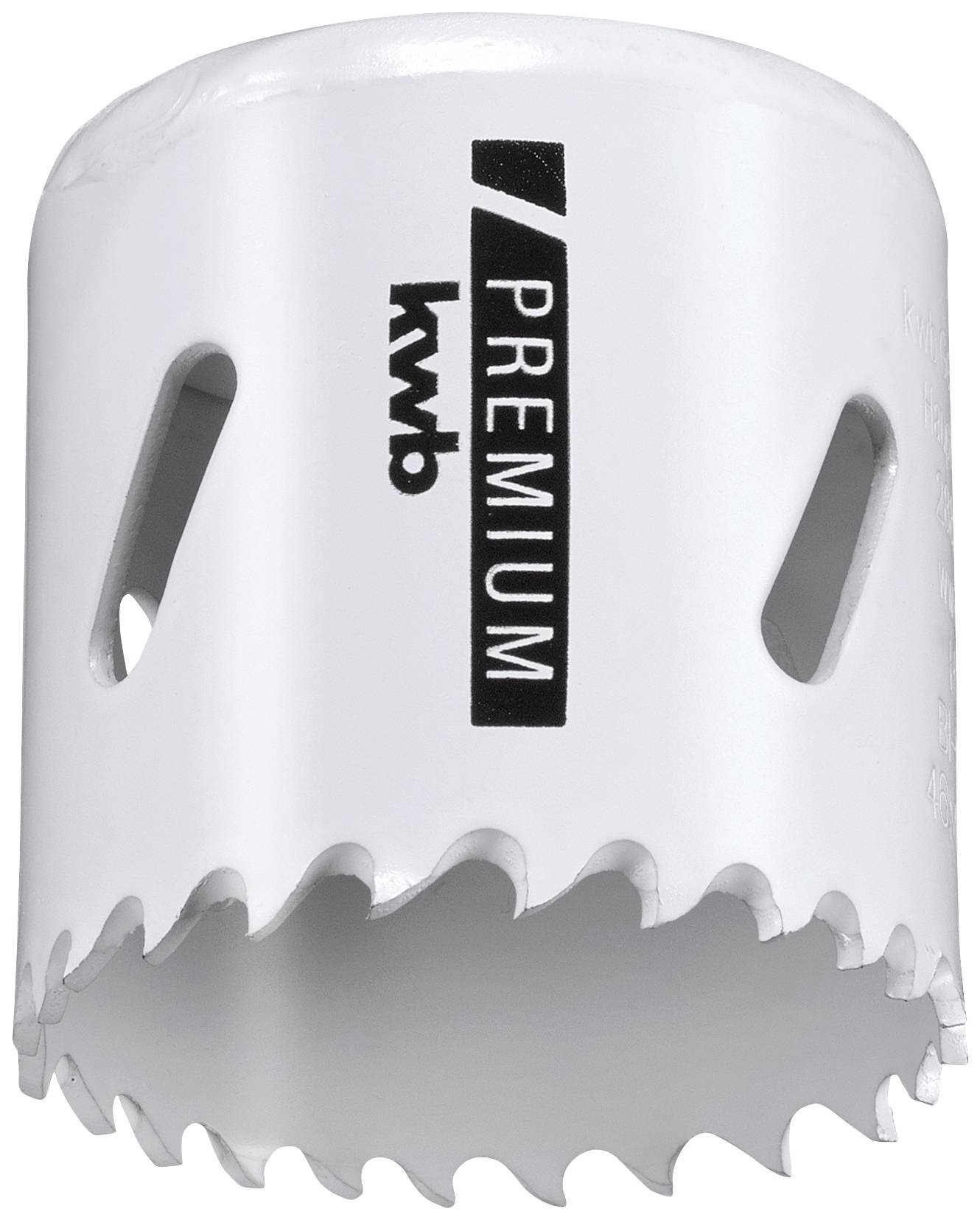 Drill crown with serrated edge, white, with 'kwb Premium' print, suitable for precise cutting in various materials.