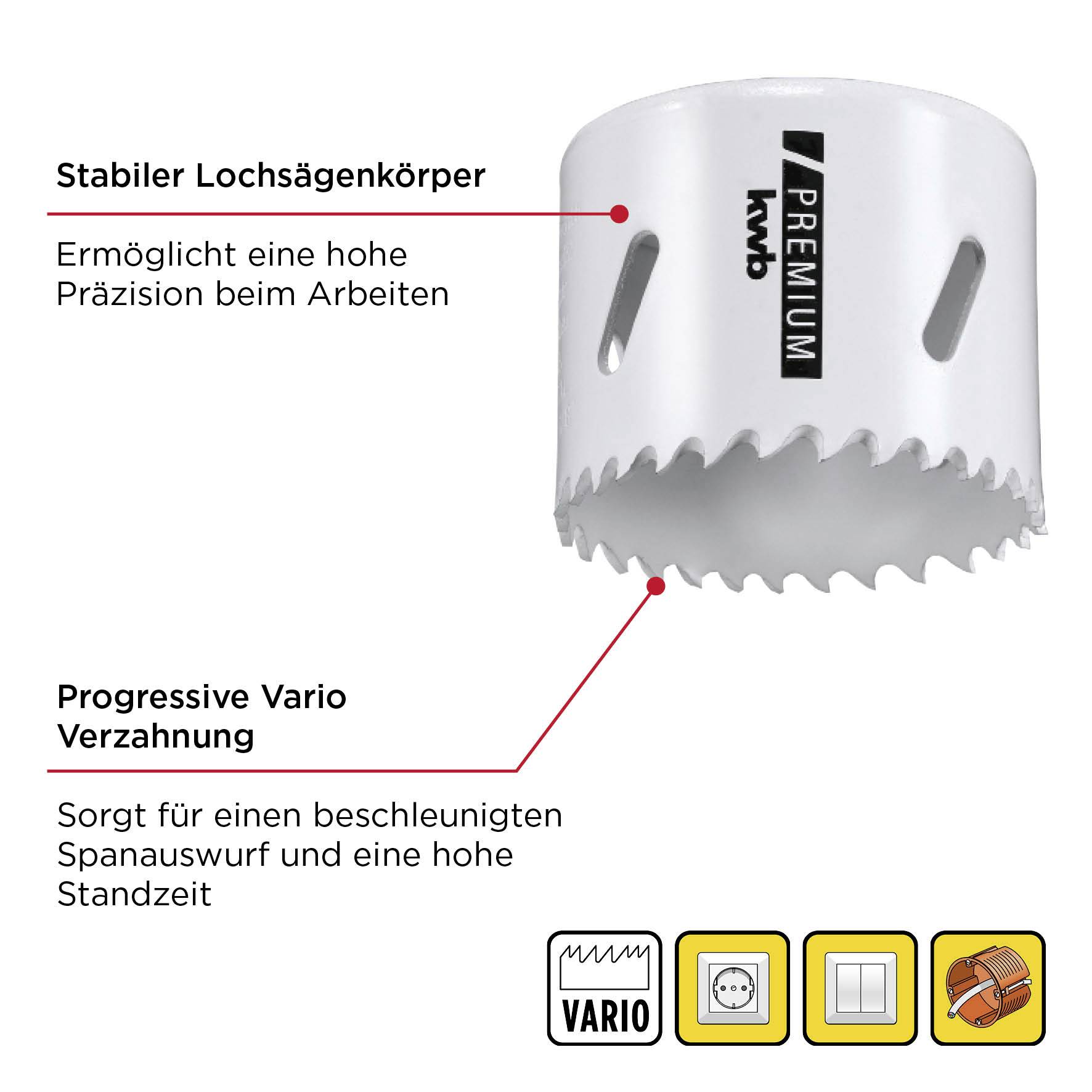 'Stable hole saw body' and 'Progressive Vario dentition' stand out. Optimised for precision, rapid chip removal.