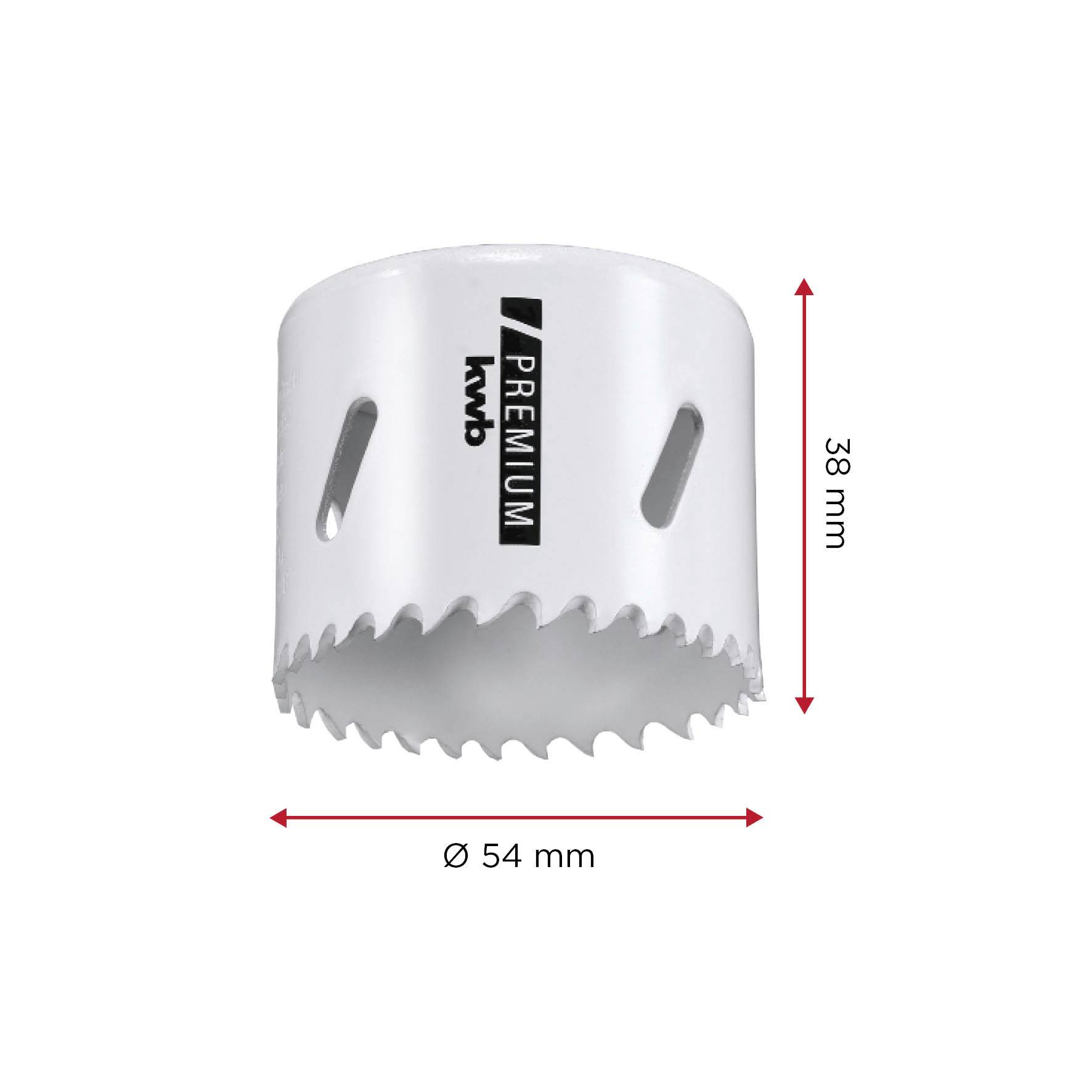 Metal hole saw, white, with a height of 38 mm and a diameter of 54 mm, marked with 'kwb PREMIUM'.