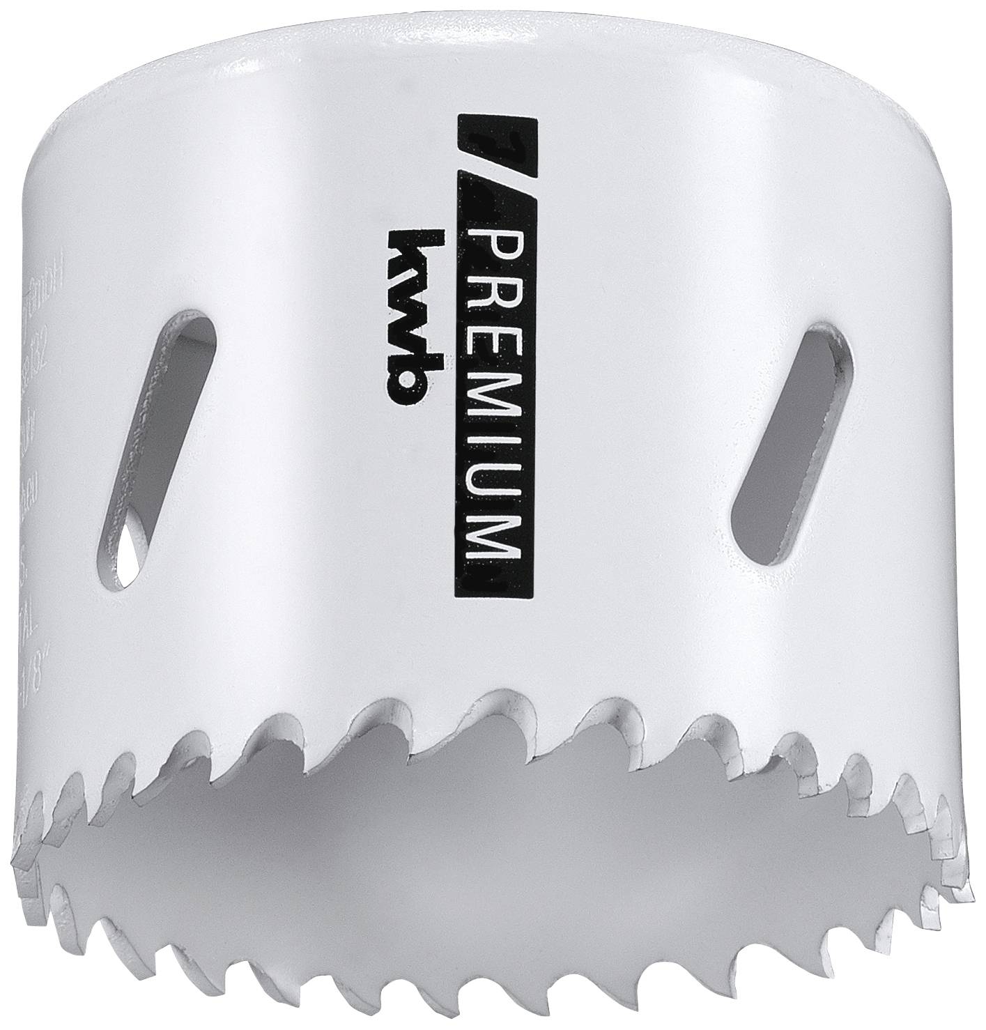 White hole saw with sharp teeth and side openings, brand name 'kwb' and 'Premium' printed on it.