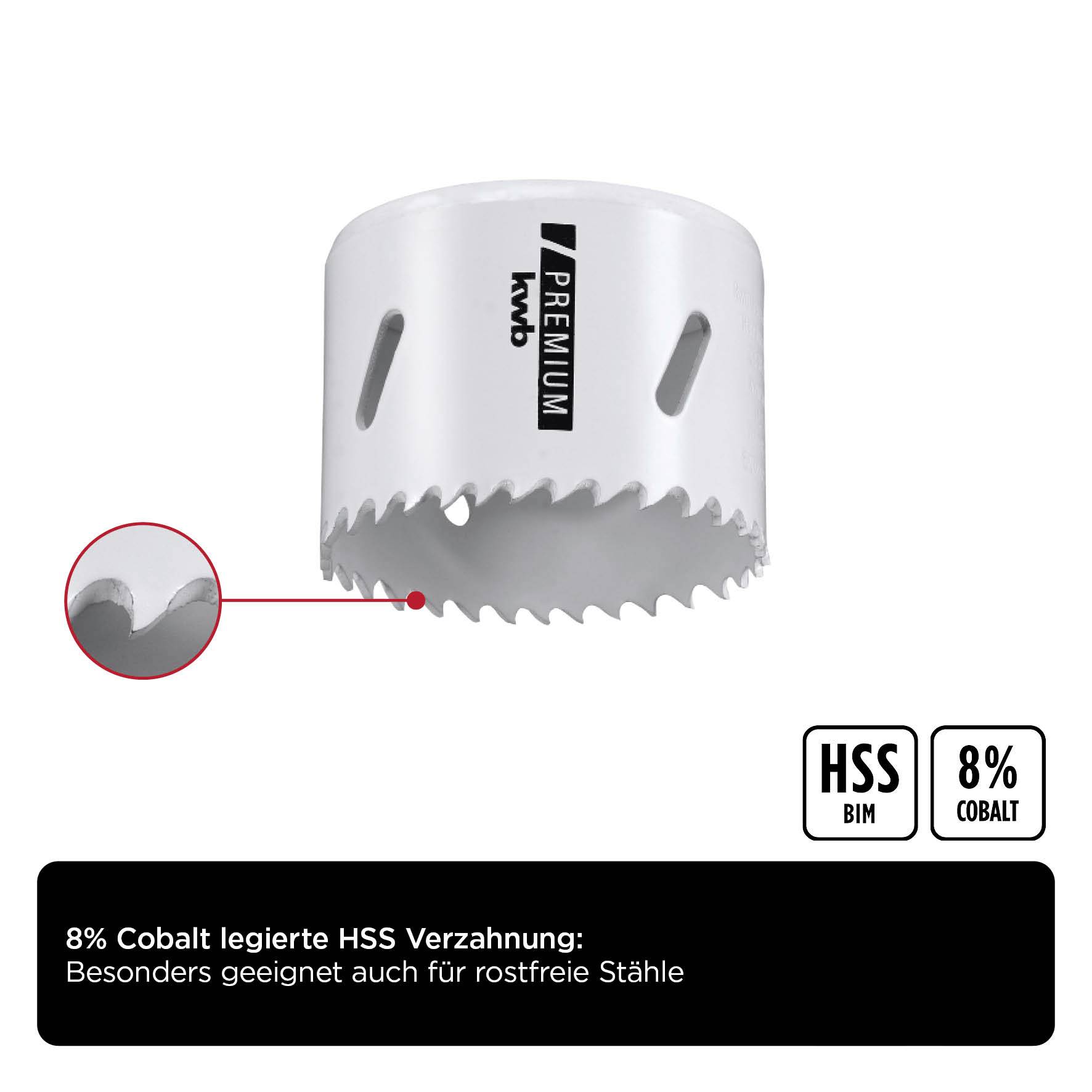 Drill crown with 8% cobalt alloyed HSS teeth. Particularly suitable for stainless steels. Depicted in white with sharp teeth.