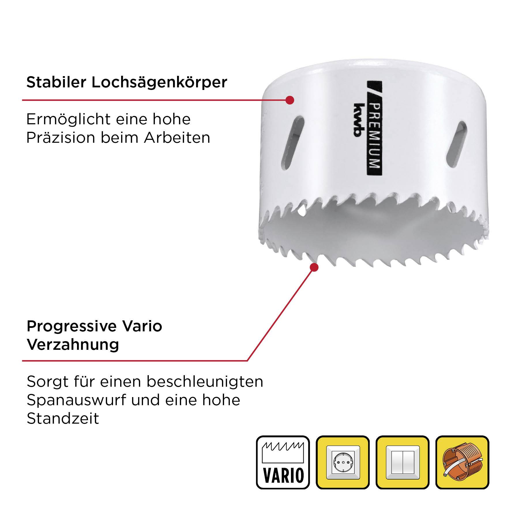 Stable hole saw with progressive variable tooth geometry for enhanced precision and rapid chip evacuation. Suitable for long-lasting use.
