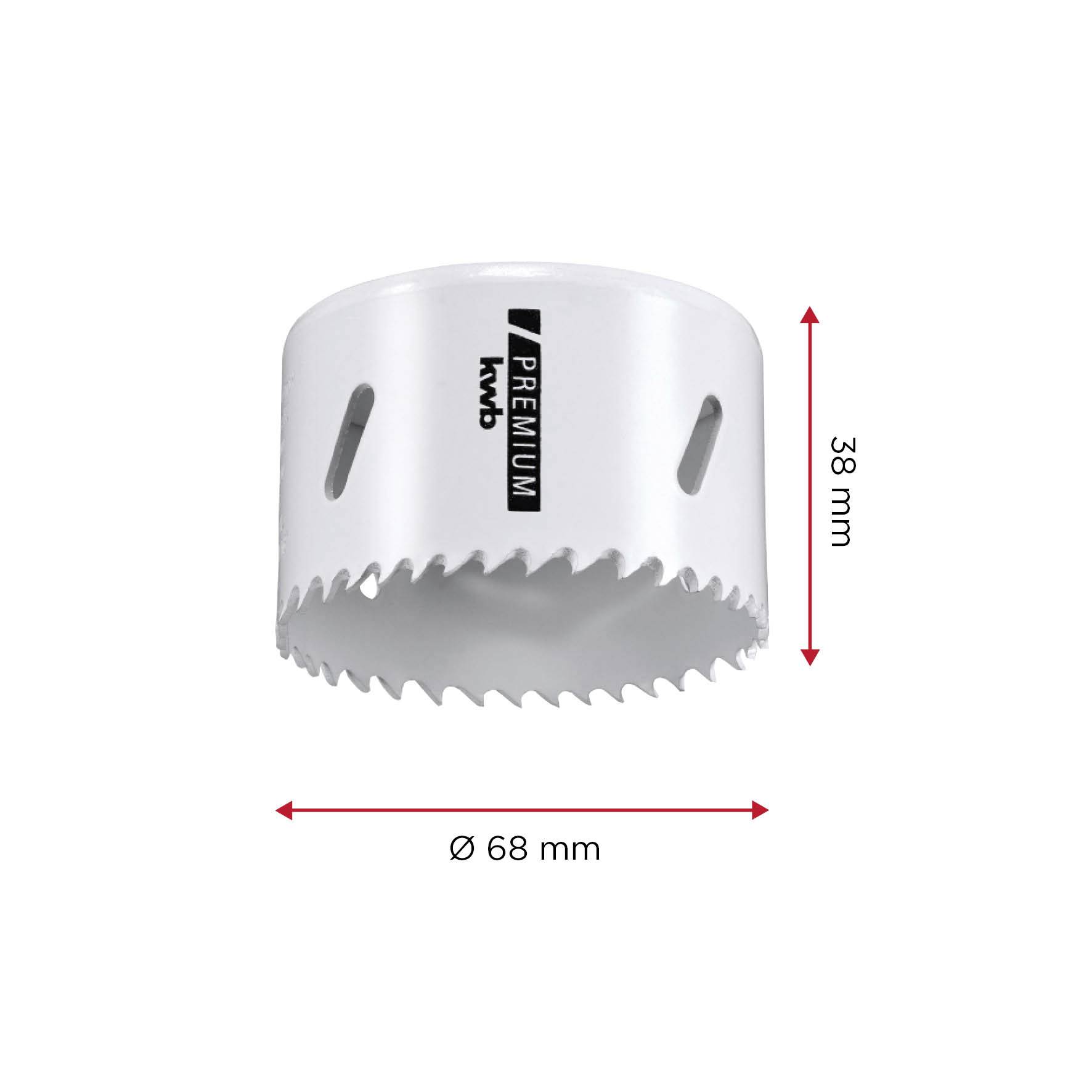A white hole saw with a diameter of 68 mm and a height of 38 mm.