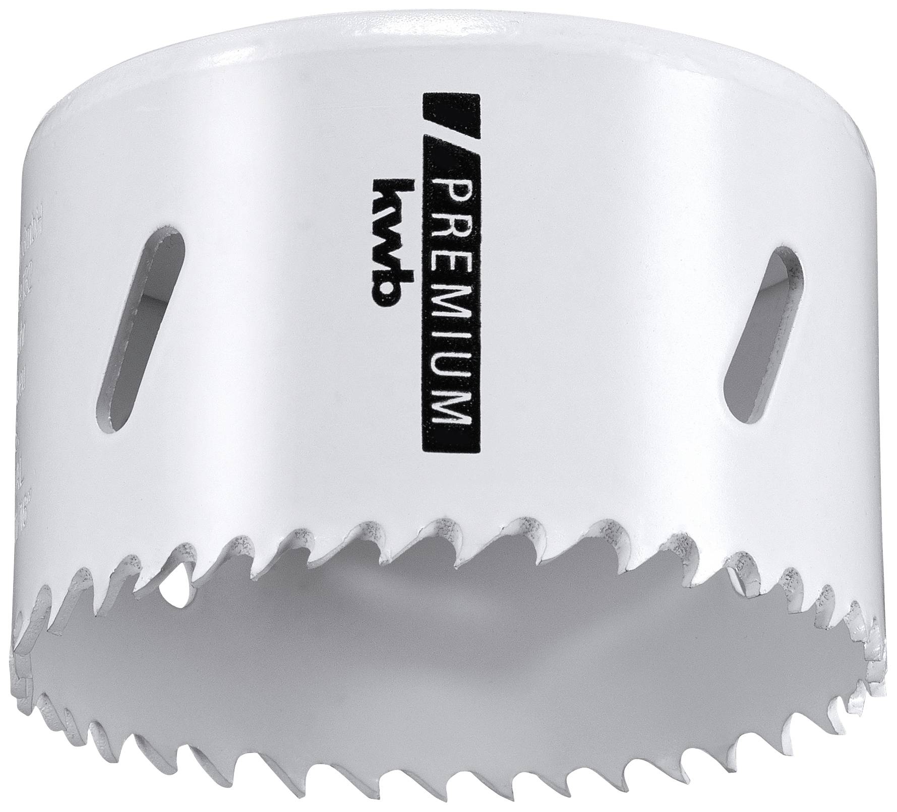 Drill crown with sharp teeth, white surface, 'kwb Premium' brand label visible. Suitable for precise drilling in hard materials.