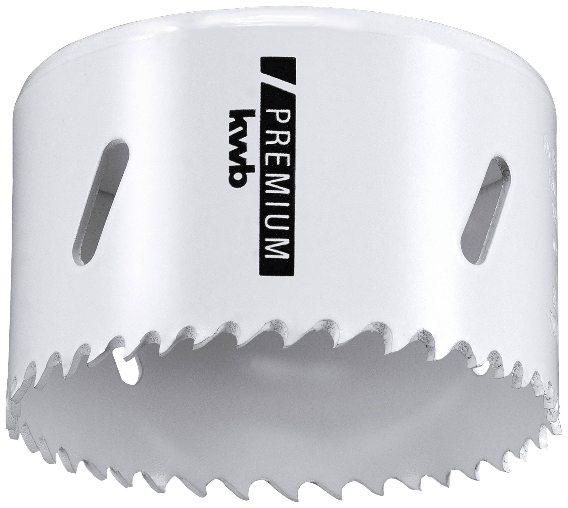 'A white saw blade with sharp teeth, marked with the "kwb" and "Premium" logo, suitable for precise cutting in wood and metal.'