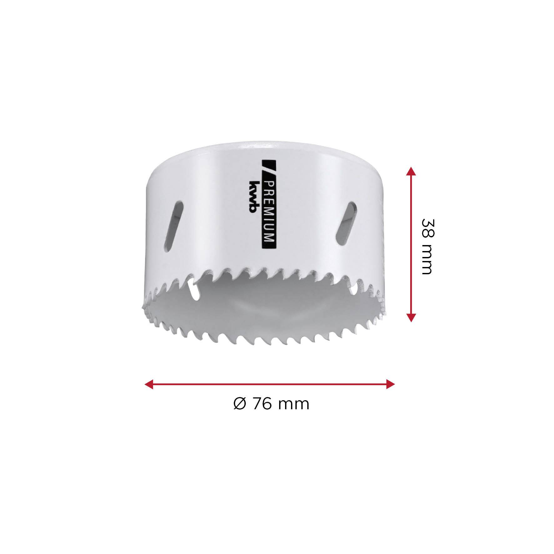 'Hole saw with 76 mm diameter and 38 mm height. White, toothed, with 'Premium' marking.'