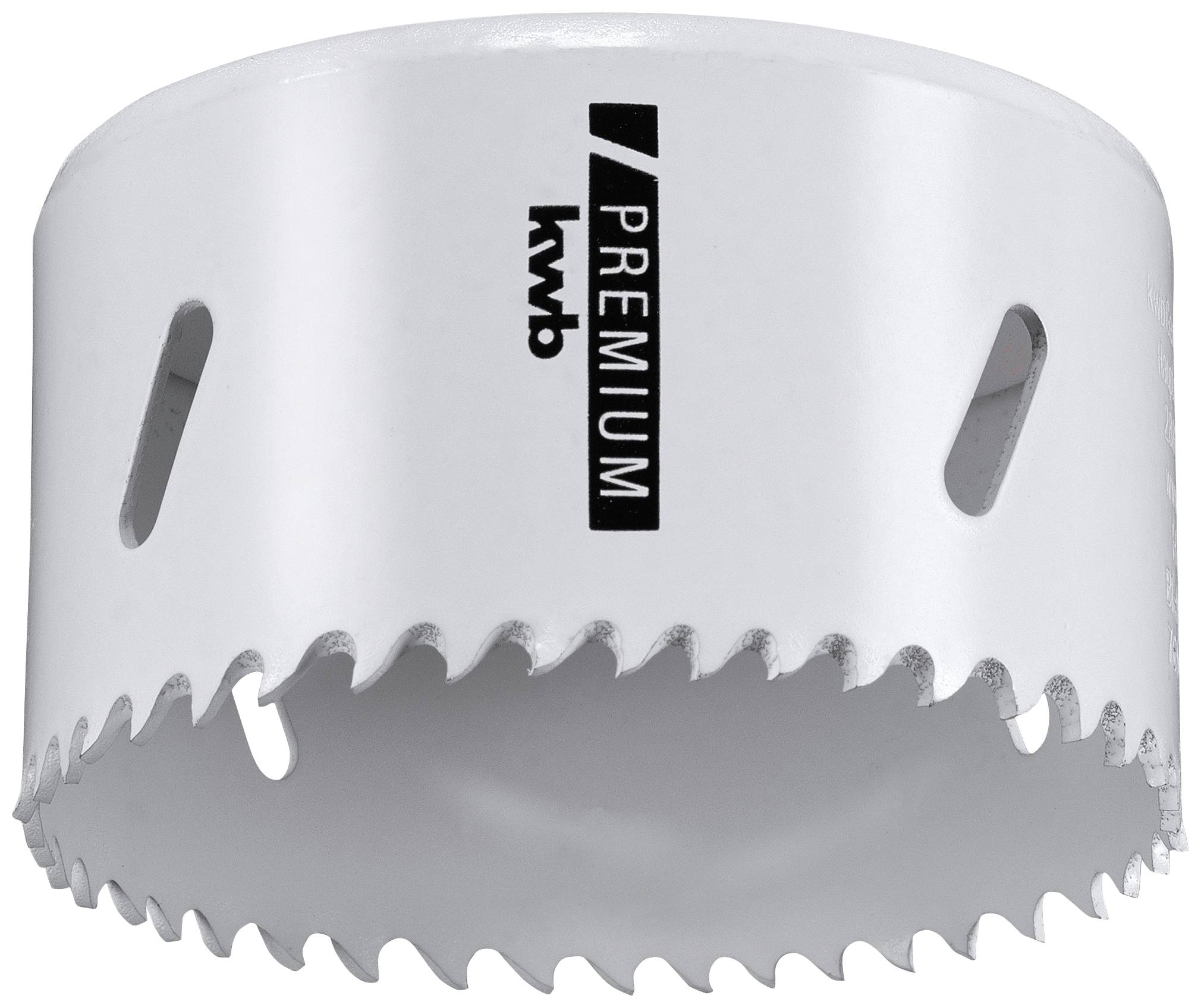 White hole saw with sharp teeth, positioned sideways. Markings show 'kwb' and 'Premium'. Suitable for drilling work.