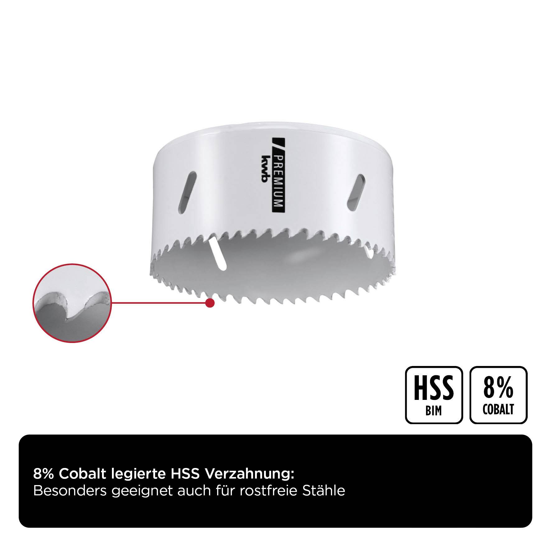 HSS saw crown with 8% cobalt alloy, suitable for stainless steels. Image shows close-up of tooth configuration.