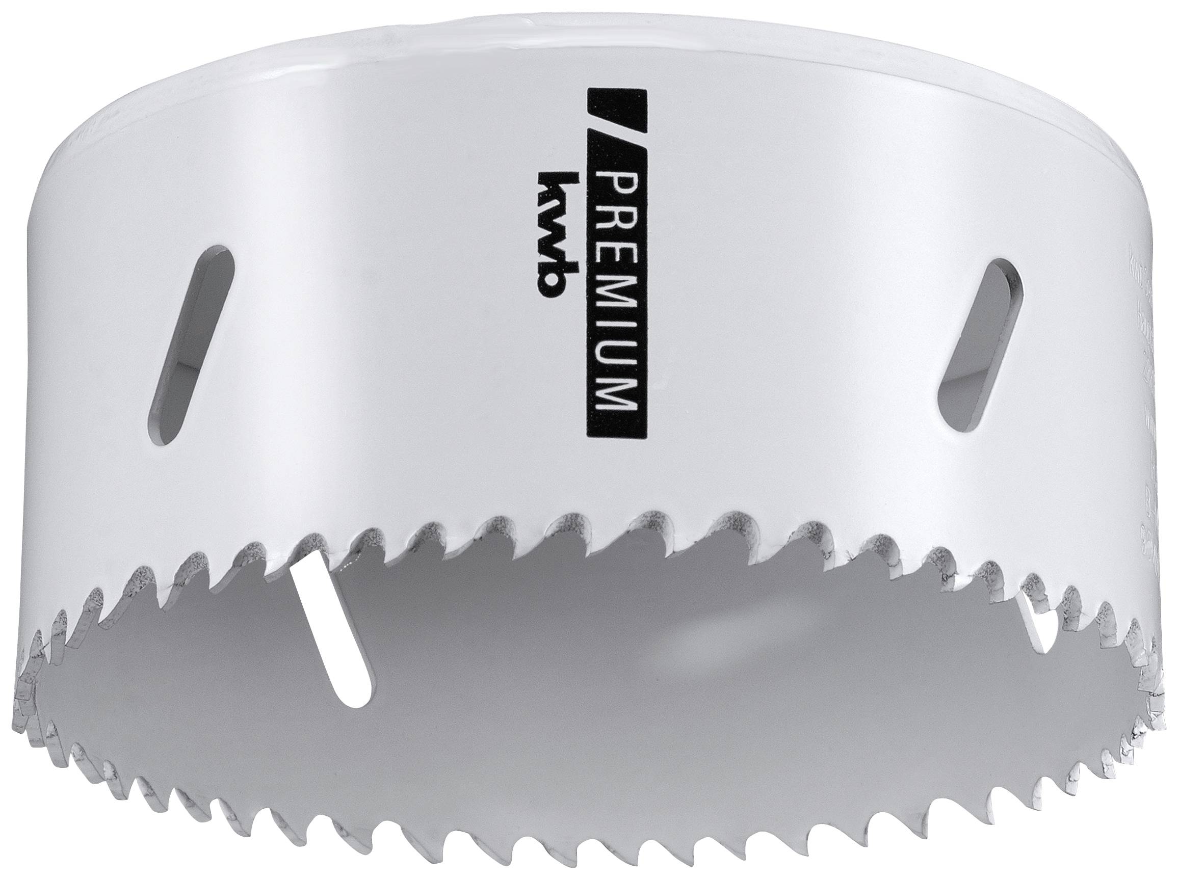 Hole saw with pointed teeth and 'KWB Premium' print, for processing various materials.