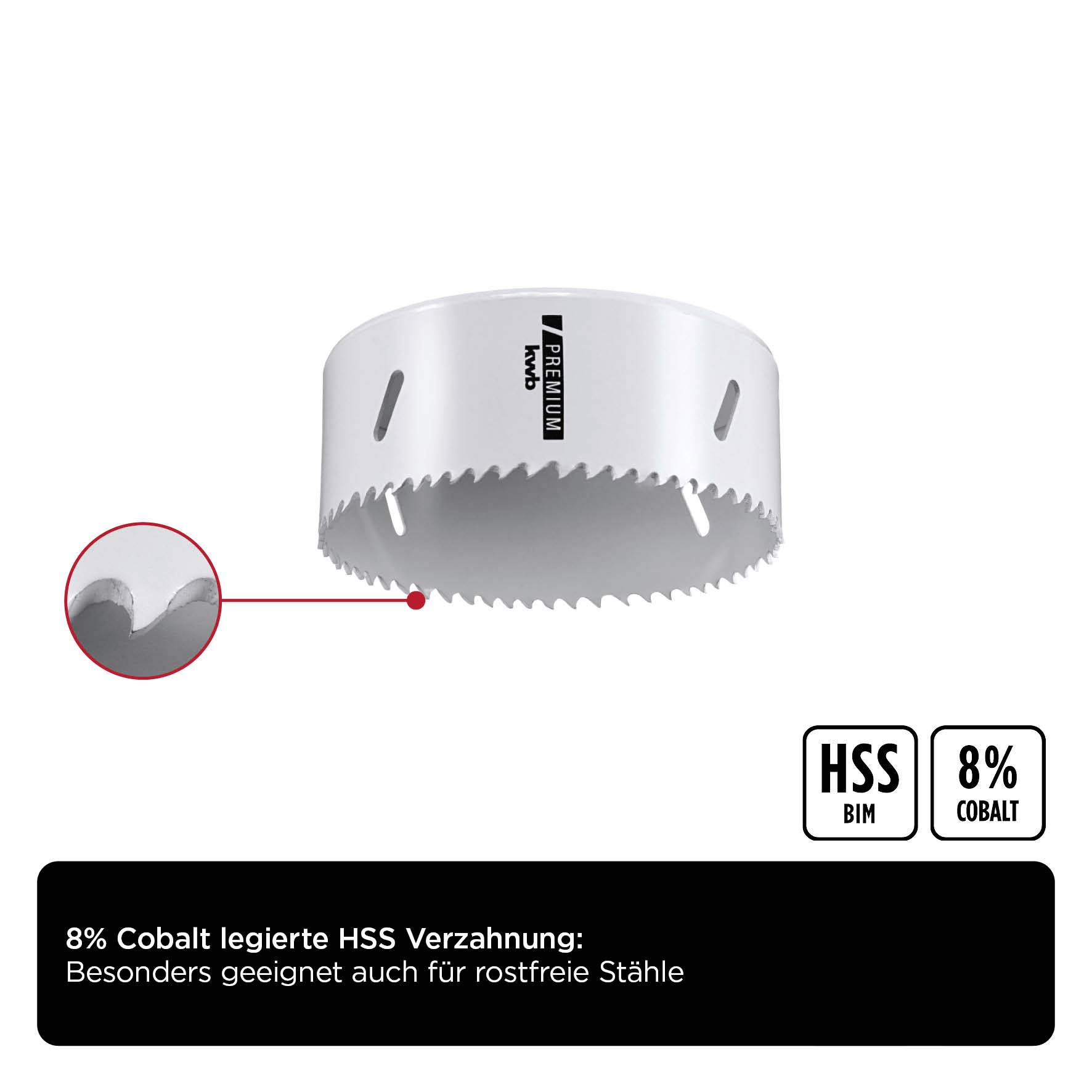 Hole saw with HSS Cobalt teeth, suitable for stainless steels. Focus on hardness and durability. Image shows tooth detail.