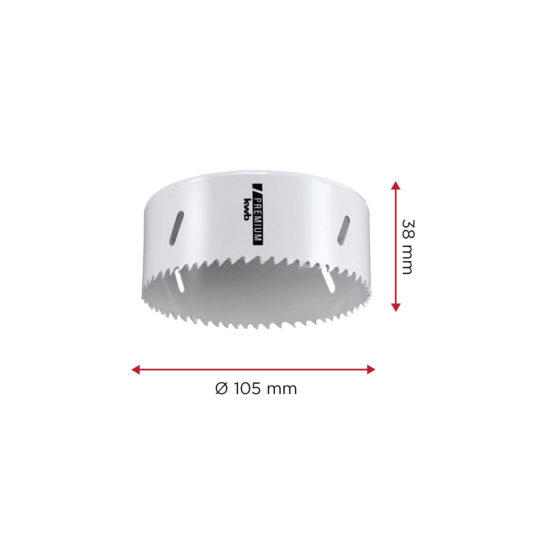 Metal hole saw with a diameter of 105 mm and a depth of 38 mm; suitable for drilling in wood and metal.