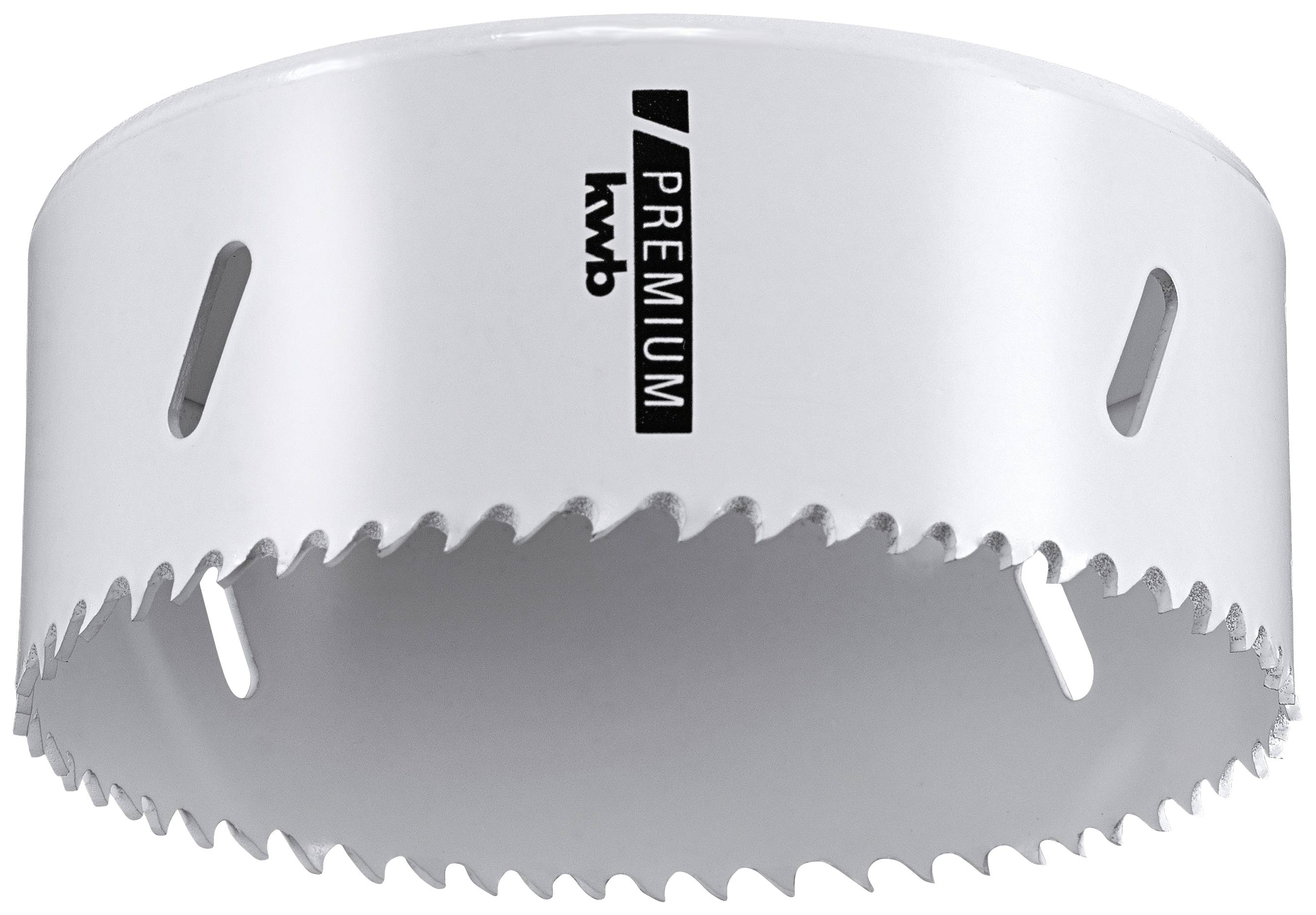 Circular saw blade with sharp teeth and the 'kwb Premium' brand logo on the exterior. Suitable for precise drilling in wood.