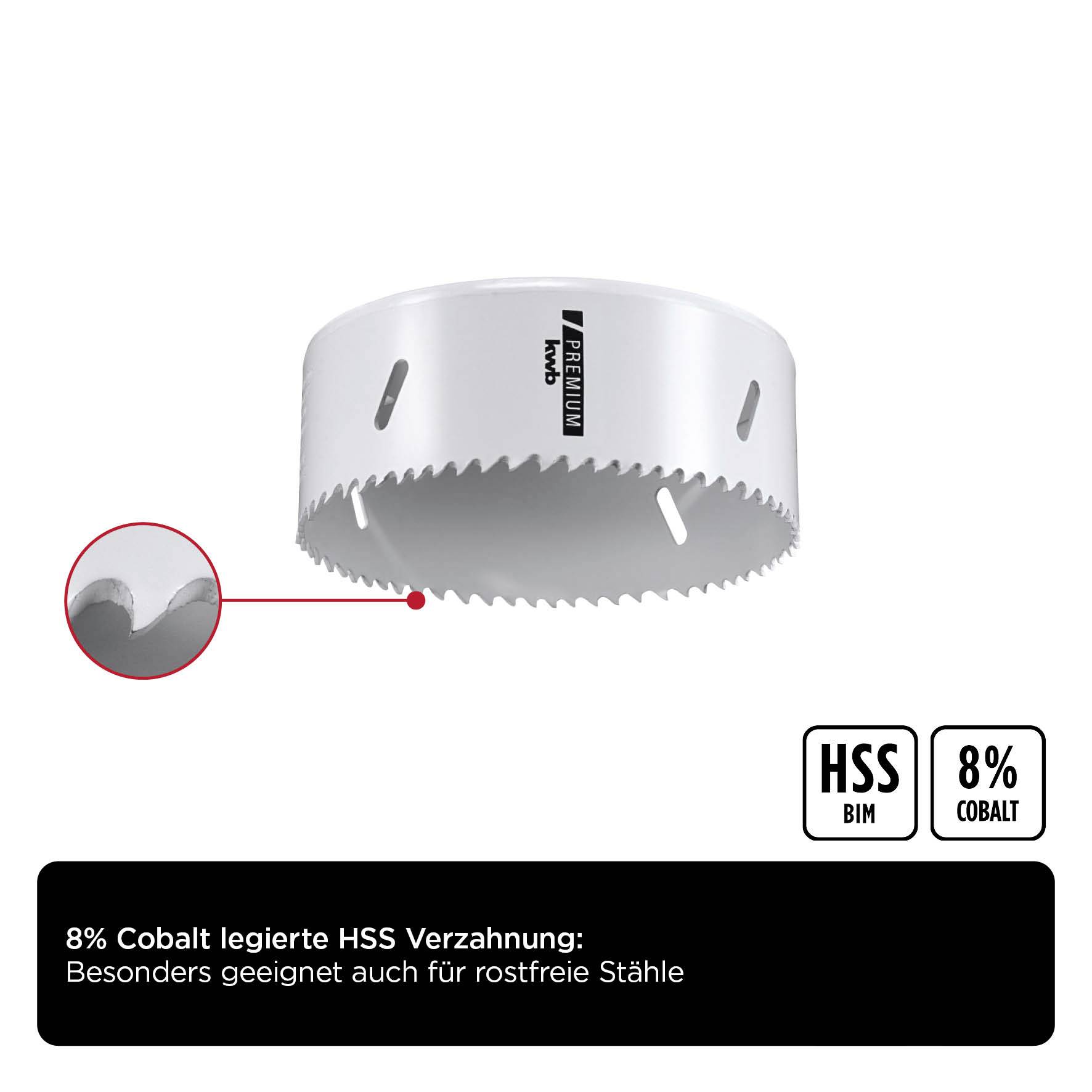 Hole saw with HSS and 8% cobalt alloy, suitable for stainless steels. Close-up of tooth configuration reveals detailed quality.