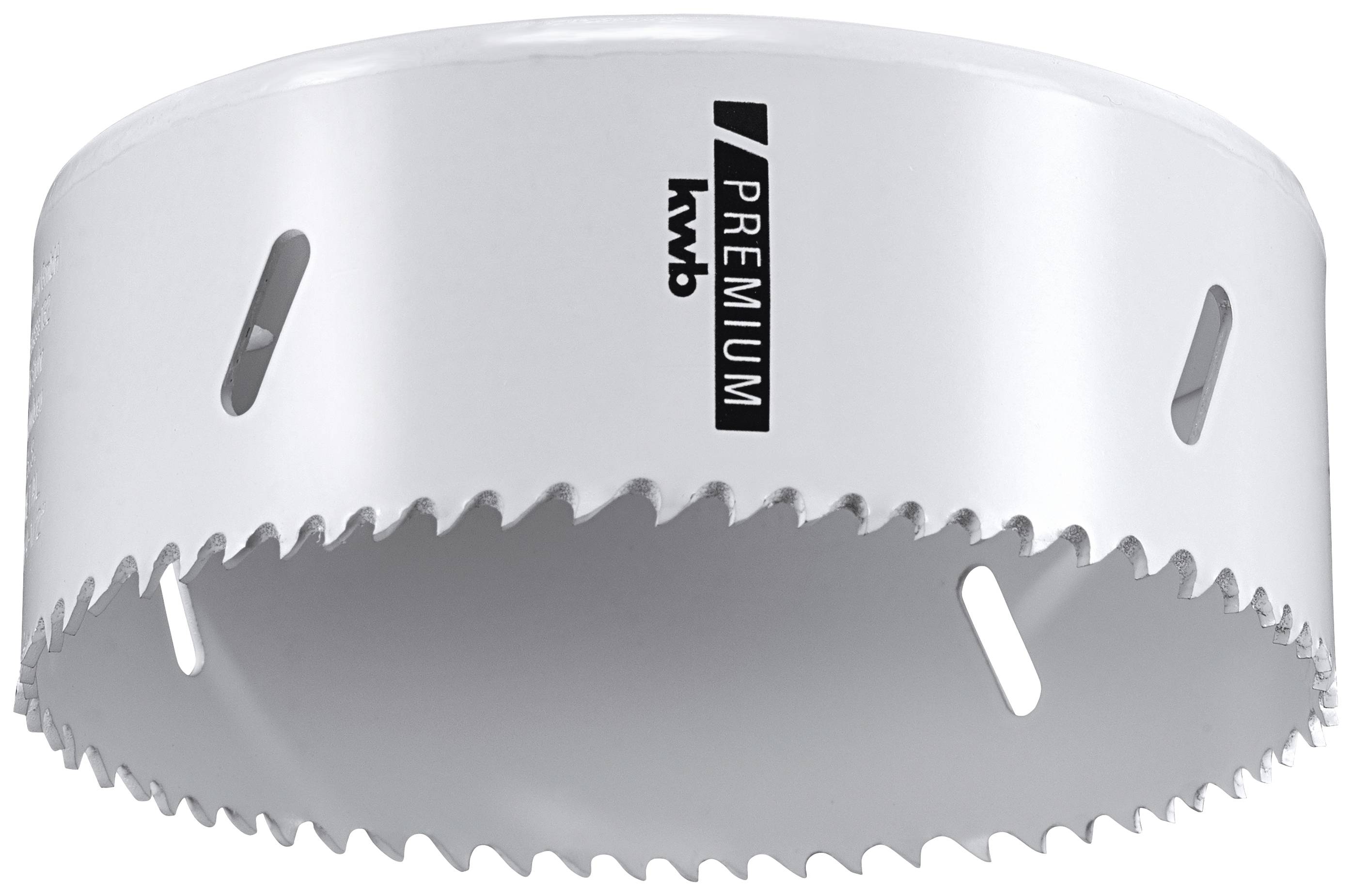 'Metal saw blade with teeth and four slots. Inscription: 'kwb PREMIUM'. White circular tool, viewed from the front.'