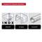 'Suitable for the following materials: stainless steel, acrylic glass, plastic.' Icons show illustrations of the materials.