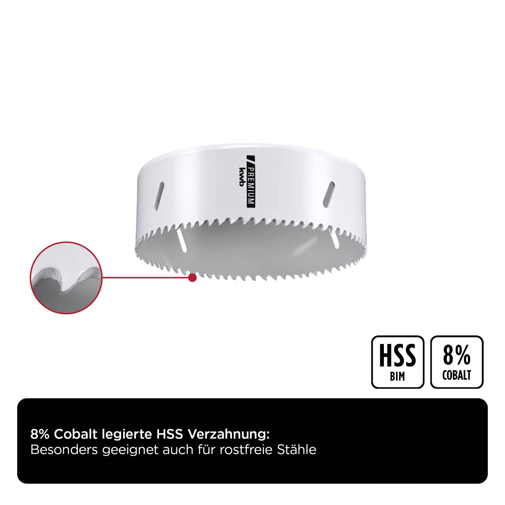 Hole saw with HSS teeth, 8% cobalt, suitable for stainless steels. Close-up view of tooth section.