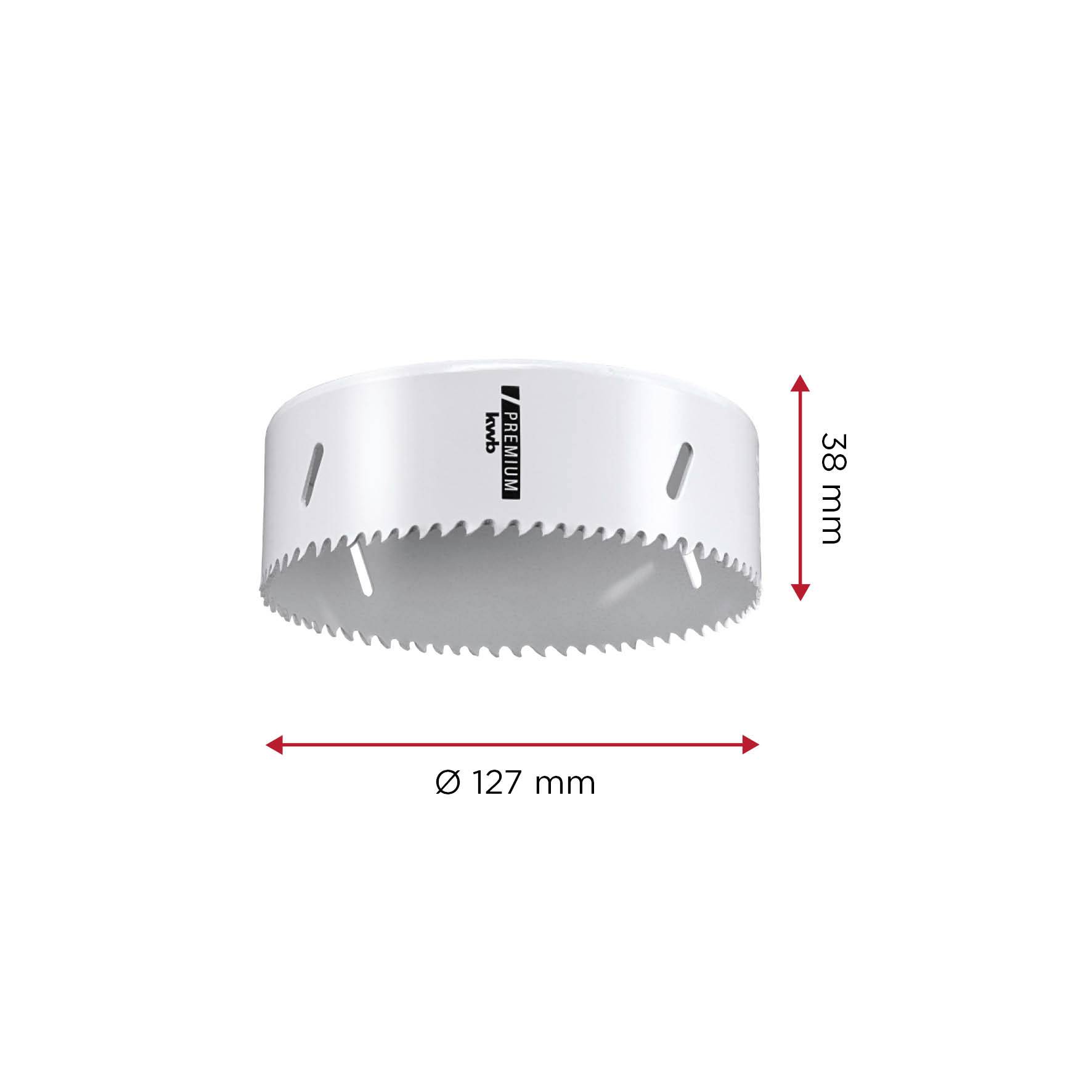 White hole saw with serrated edge, 127 mm diameter, 38 mm height. Markings with company logo and model information.