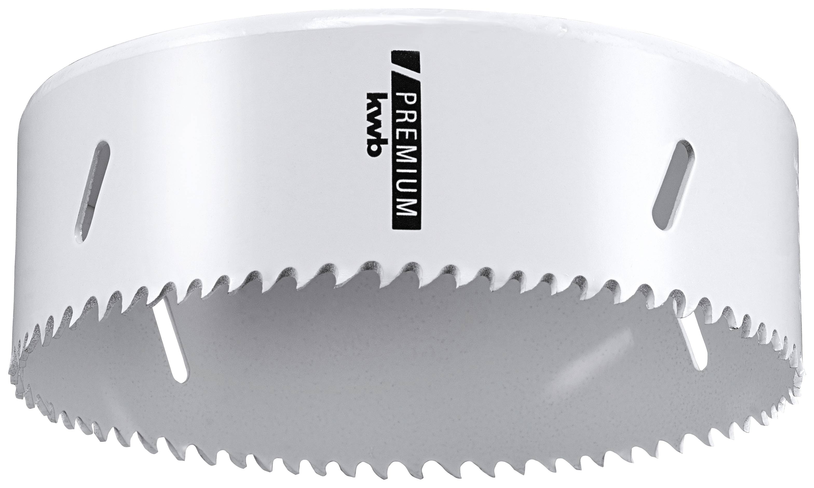 Drill crown with sharp teeth, white, with 'PREMIUM' inscription. Used for precise cutting of materials.<br><br>Drill bit with sharp teeth, white, stamped with 'PREMIUM'. Designed for precise material cutting.