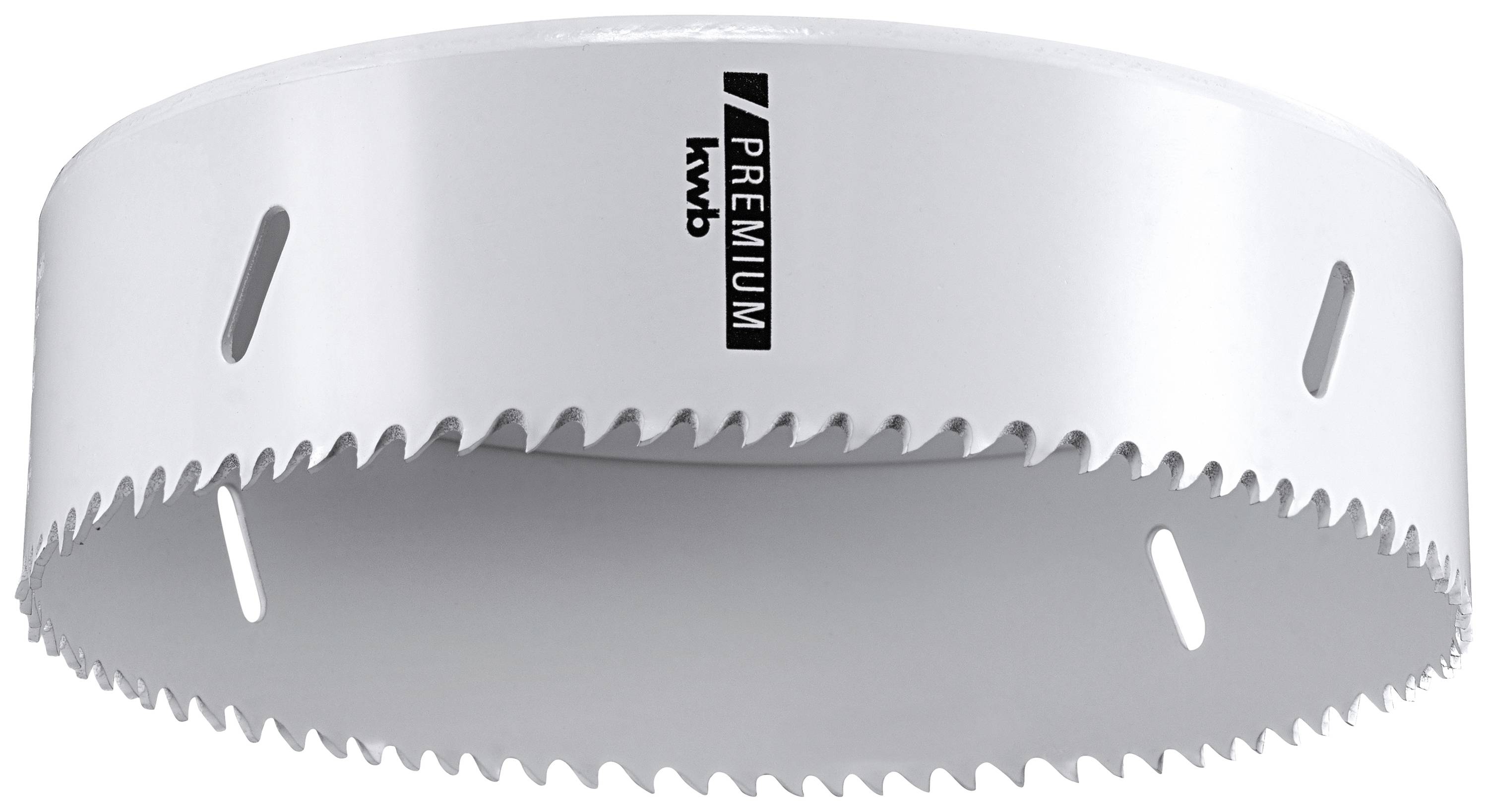 Premium hole saw, metallic and gleaming, with teeth around the edge. Suitable for processing metal or wood.