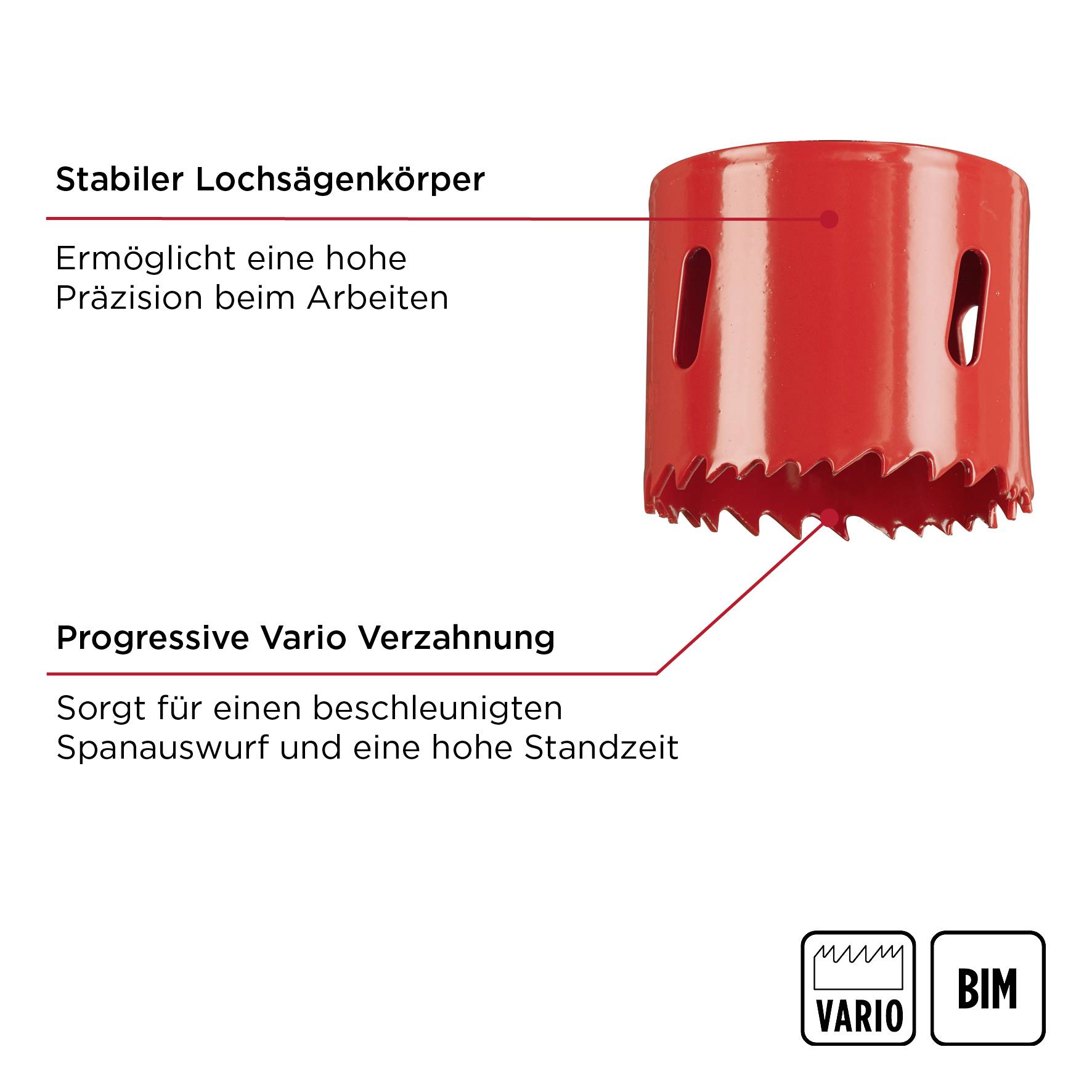 Red hole saw attachment with two descriptive texts: 'Robust hole saw body' and 'Progressive Vario tooth design', with symbols 'VARIO' and 'BIM' underneath.
