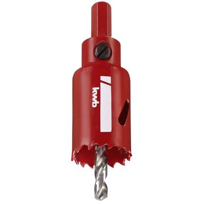 Red hole saw with central drill bit and serrated edge for cutting round openings in various materials.