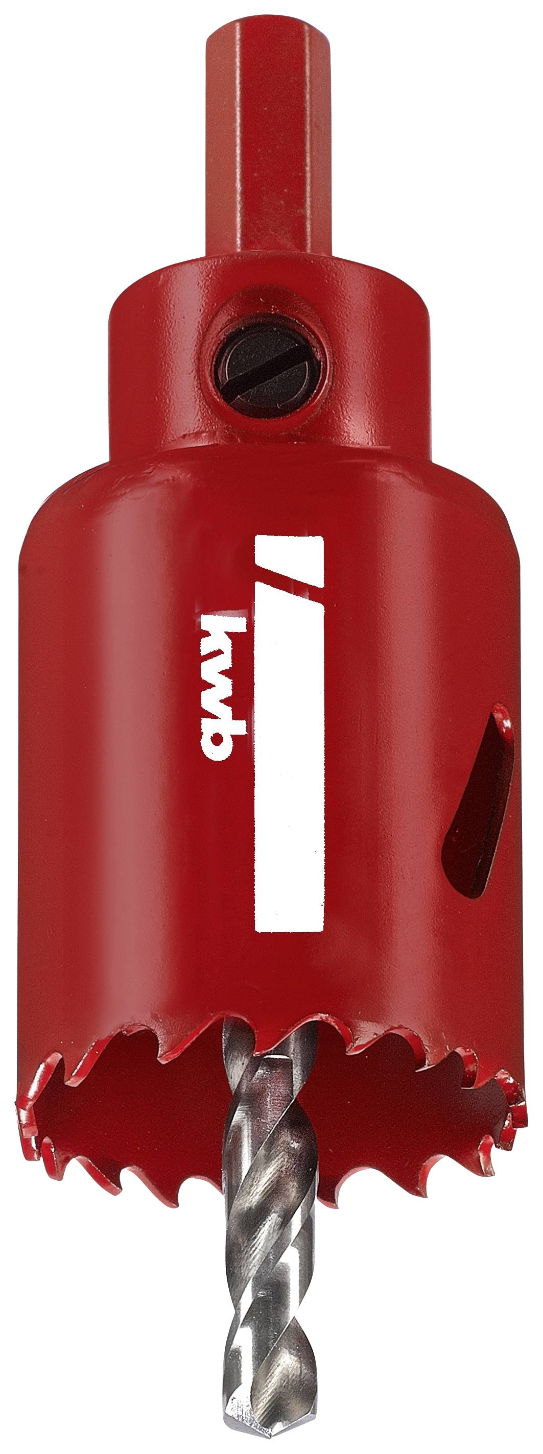 Red metal hole saw with serrated edge and integrated drill bit, ideal for cutting large holes in materials.