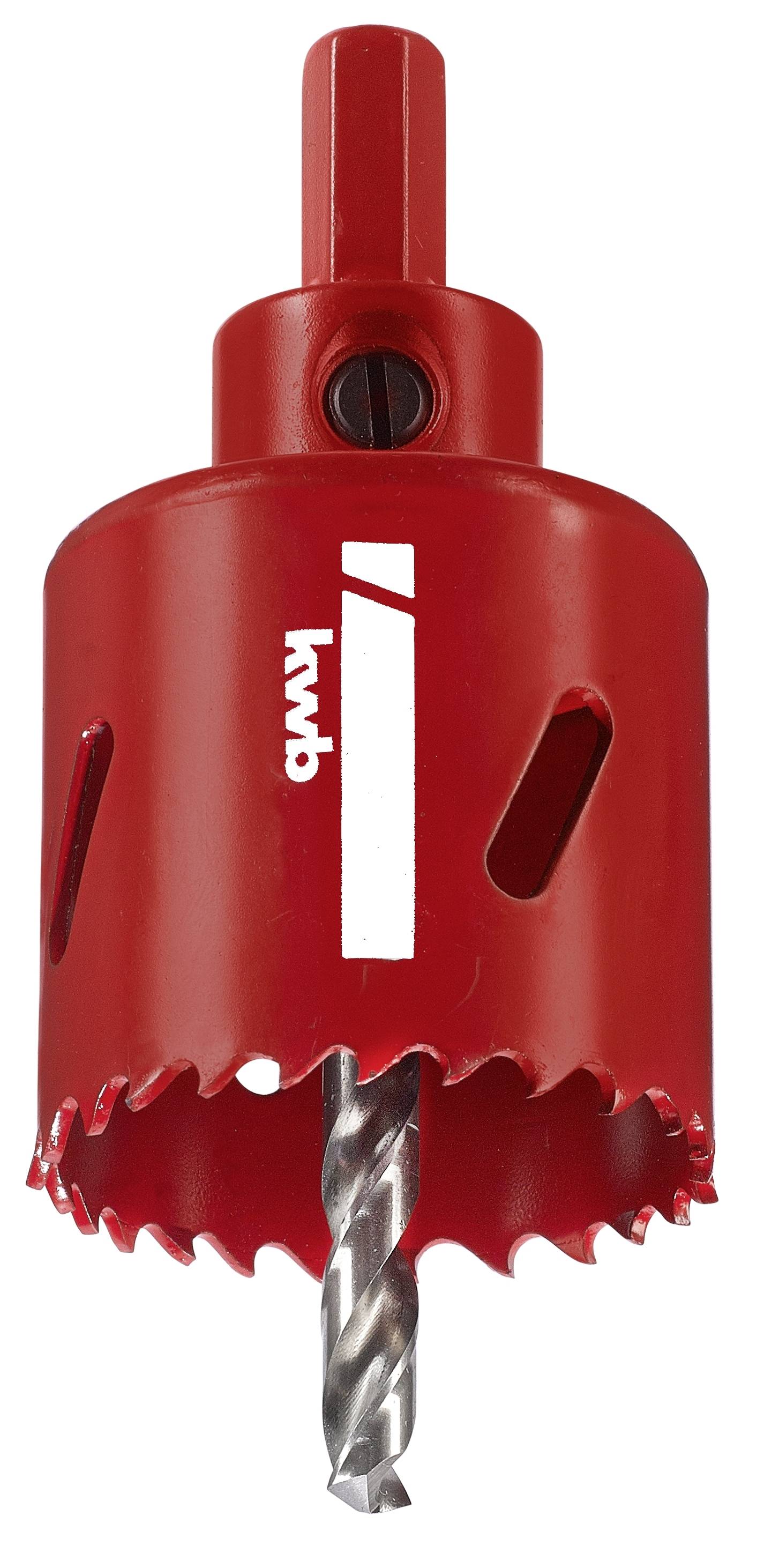 A red hole saw attachment with a drill crown and sharp teeth, suitable for drilling large holes in materials such as wood or metal.