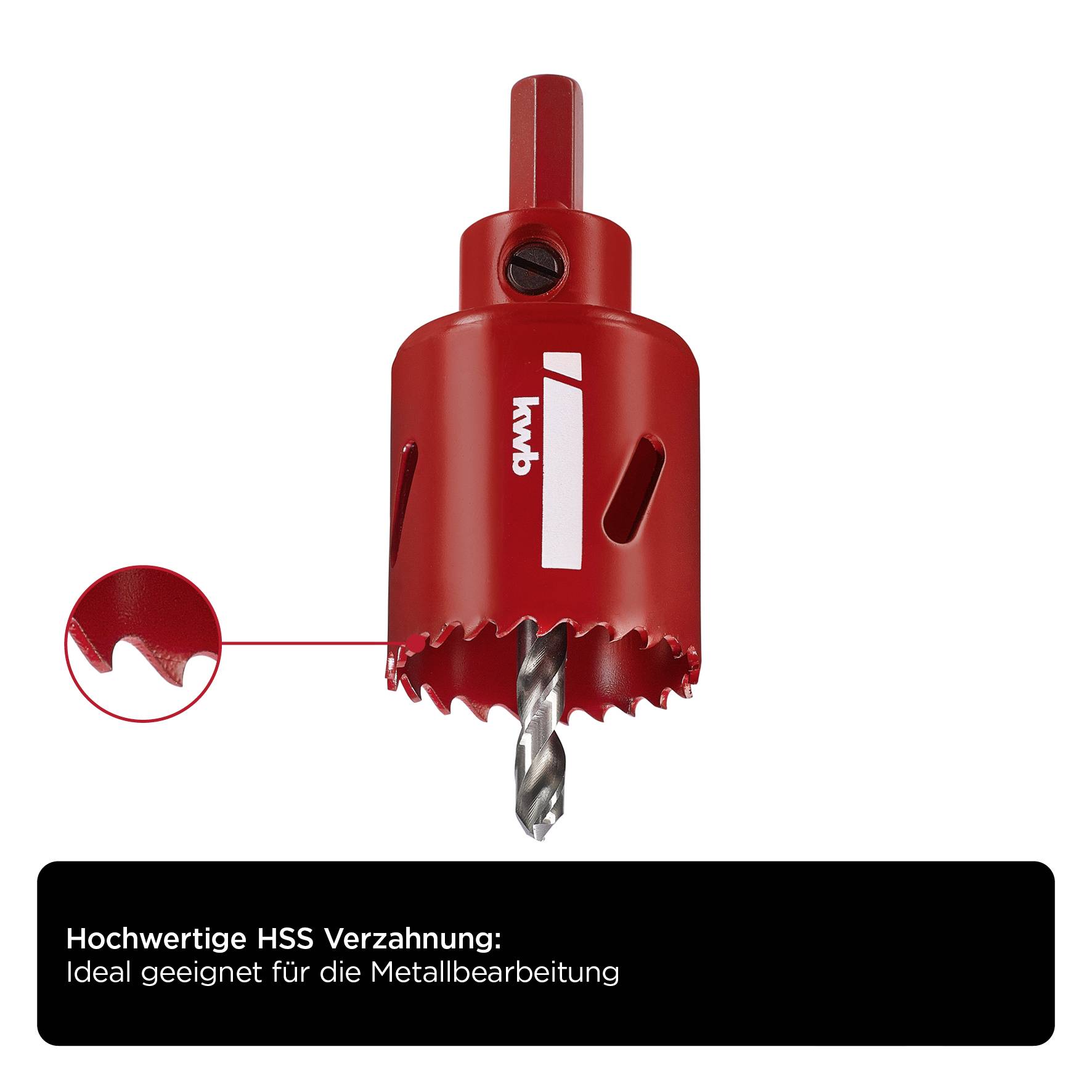 Drill crown with high-quality HSS teeth, red, ideal for metalworking. Text: 'High-quality HSS teeth: Ideally suited for metalworking'.