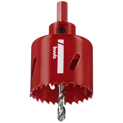 Red hole saw attachment with drill bit, suitable for woodworking and metalworking.