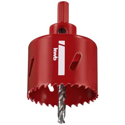 Red hole saw attachment with serrated edge and metal drill bit, suitable for drilling large holes in wood or other materials.