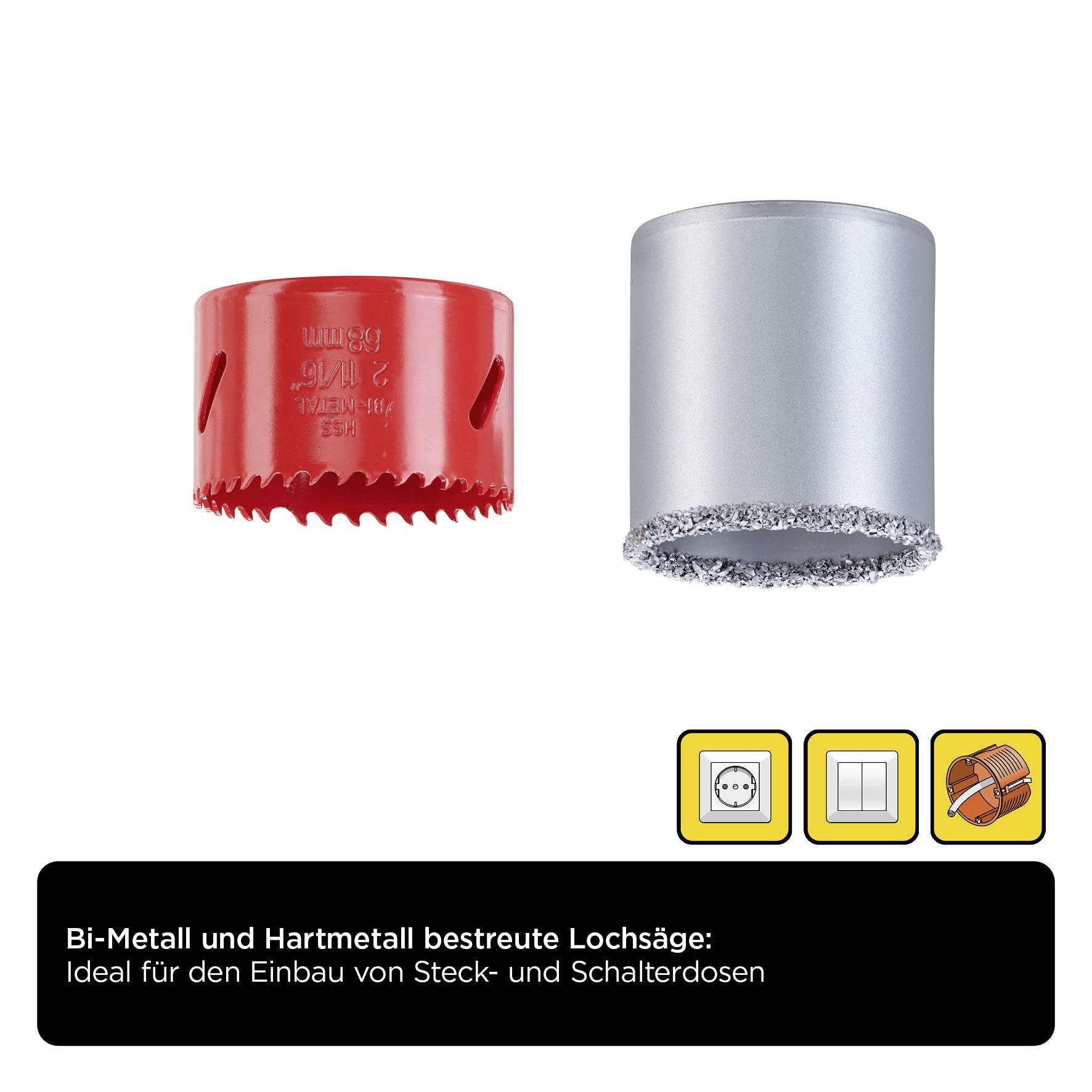 'Hole saw: Two models side by side, one red with bi-metal, one silver with tungsten carbide. Suitable for electrical back boxes and switch sockets.'