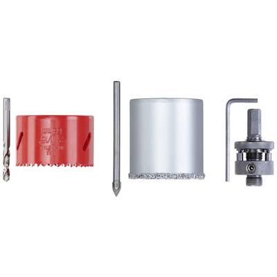 Drill bit set with hole saw attachment, centre drill, drill bit key and adapter on white background.