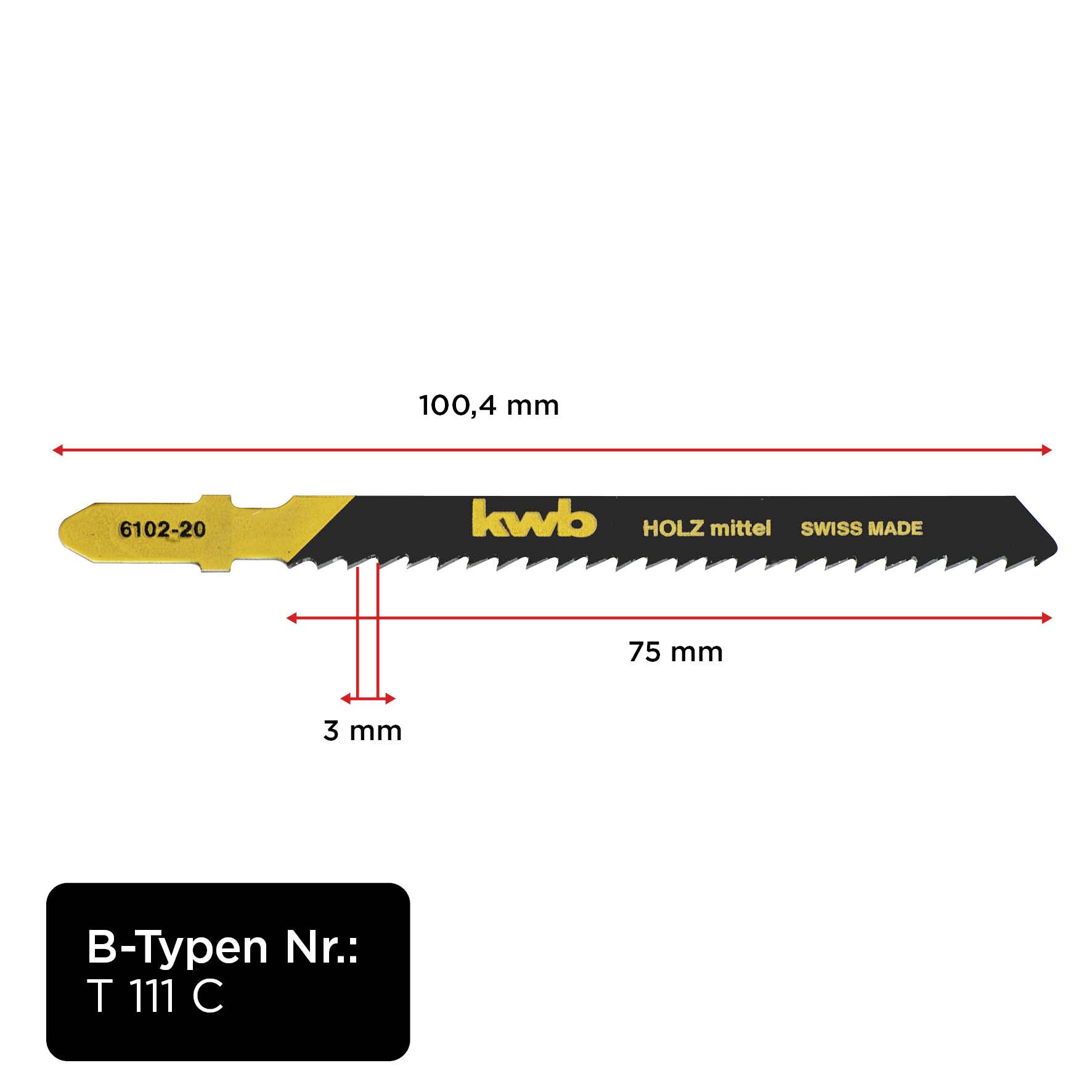 Saw blade with inscription 'kwb', 'WOOD medium', 'SWISS MADE'. Dimensions: 100.4 mm total length, 75 mm tooth length, 3 mm tooth gap. Type number: T 111 C.