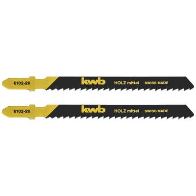 Two KWB saw blades, black and yellow, with the inscription 'WOOD medium SWISS MADE' and the article number '6102-20'.