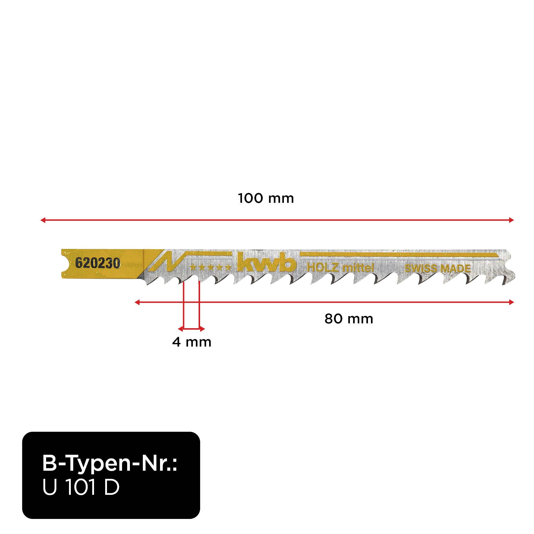 Wood saw blade, 100 mm length, with 4 mm tooth spacing. Type No.: U 101 D.