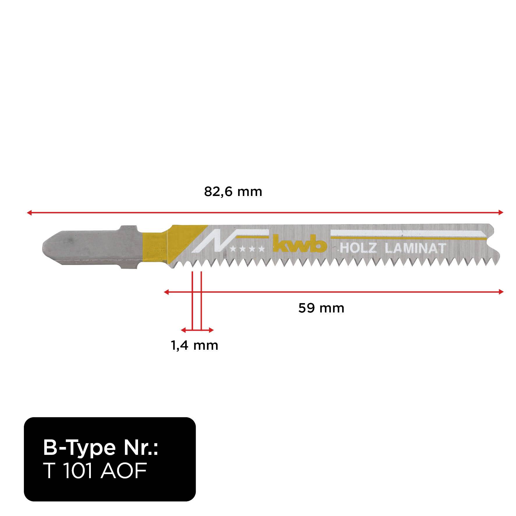 Saw blade for wood laminate, length 82.6 mm, width 1.4 mm, cutting surface 59 mm. B-type No.: T 101 AOF.